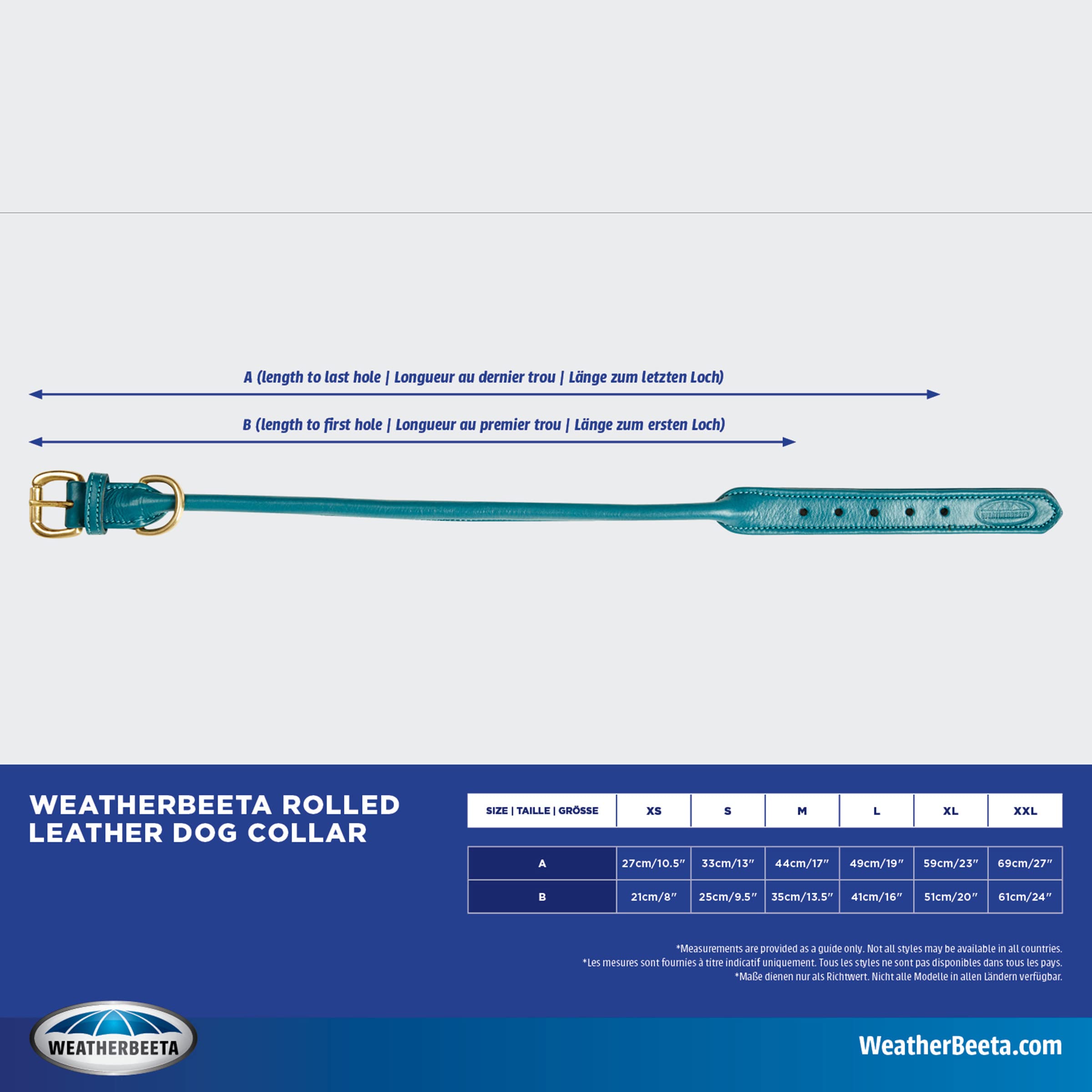 Weatherbeeta Rolled Leather Dog Collar, Teal, Extra Small