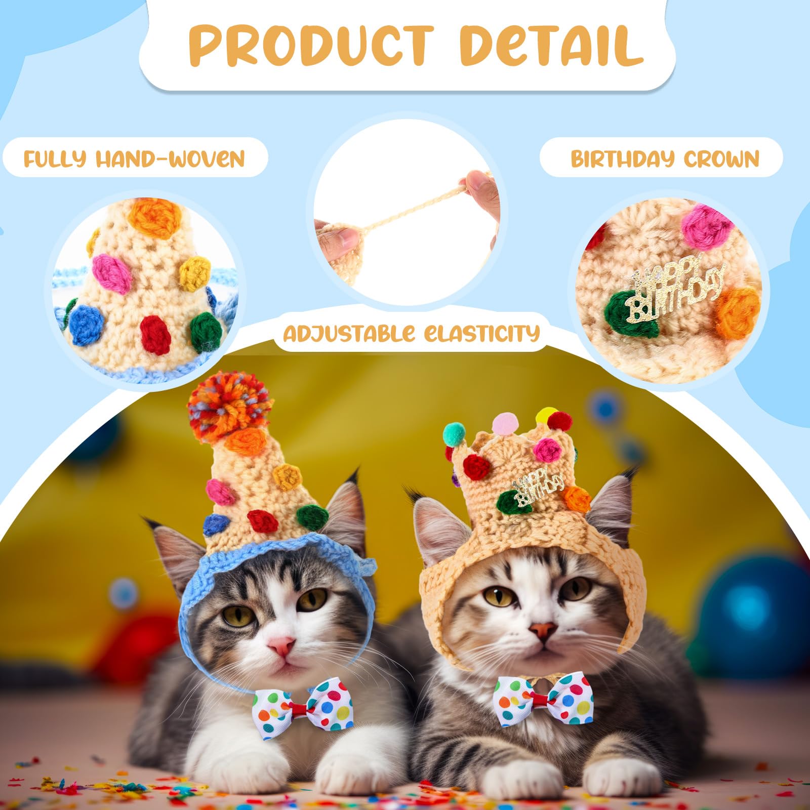 Ganeen 4 Pack Cat Birthday Hat Crochet Happy Birthday Cat Party Outfit Small Animal Top Hats Headband Rabbit Bow Tie Pet Hat Hea