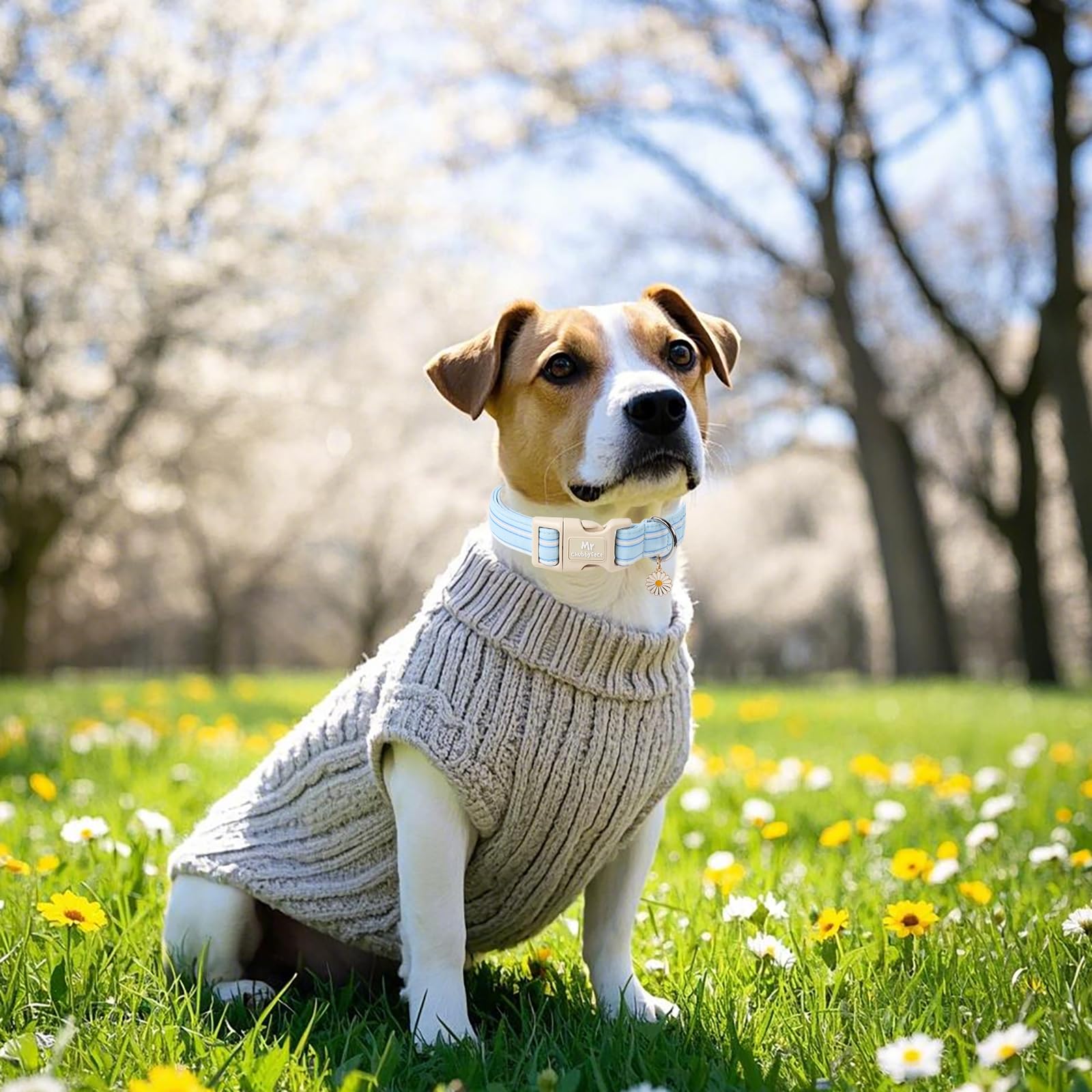 Mr.Chubbyface Cotton Dog Collar, Cute Blue Summer Puppy Collar With Plastic Buckle, Adjustable Soft Natural Fabric Pet Collar Fo