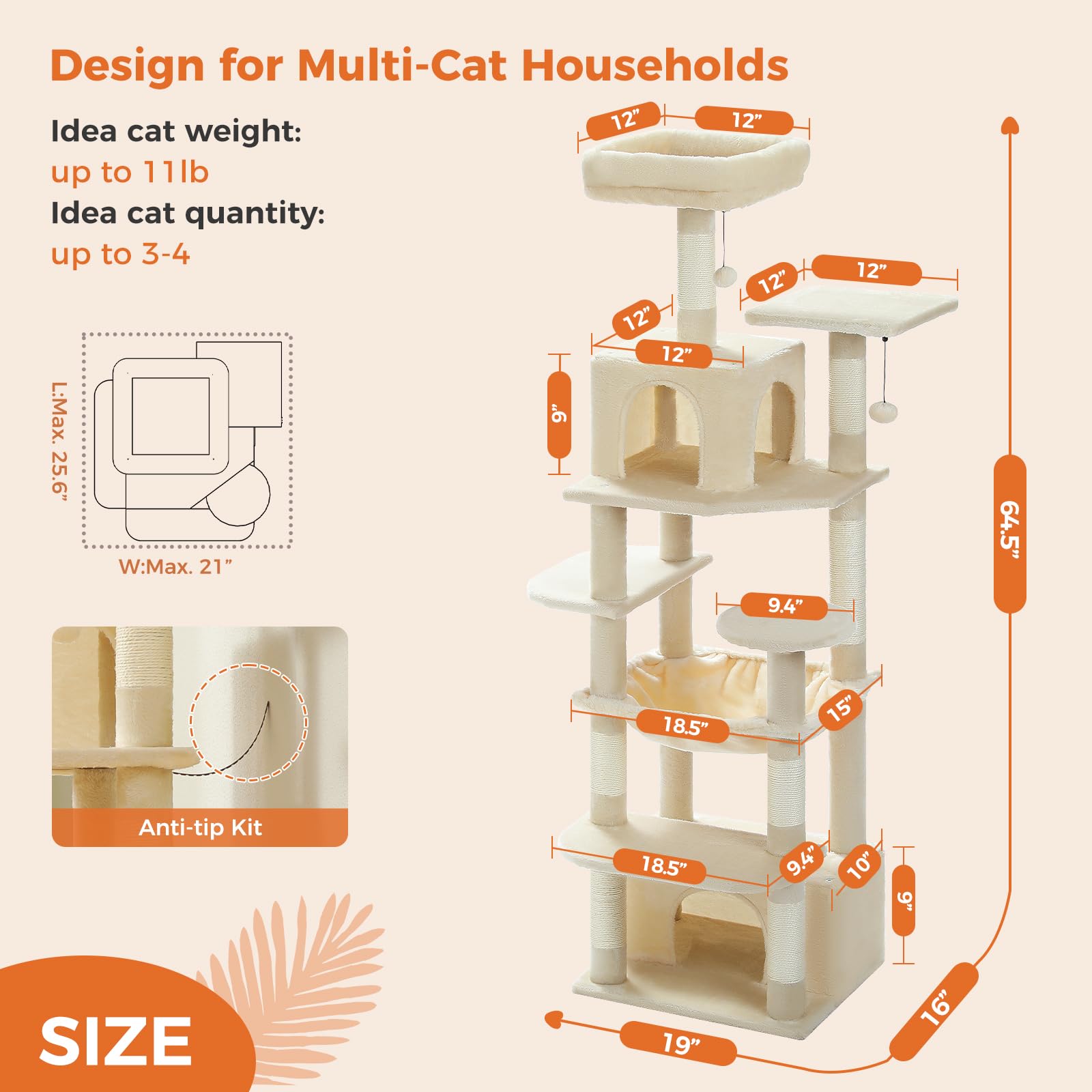 Uymi 64.5-Inch Cat Tree For Indoor Cats, Plush Multi-Level Cat Tower With 7 Scratching Posts, 2 Top Perches, 2 Cozy Condos, Larg