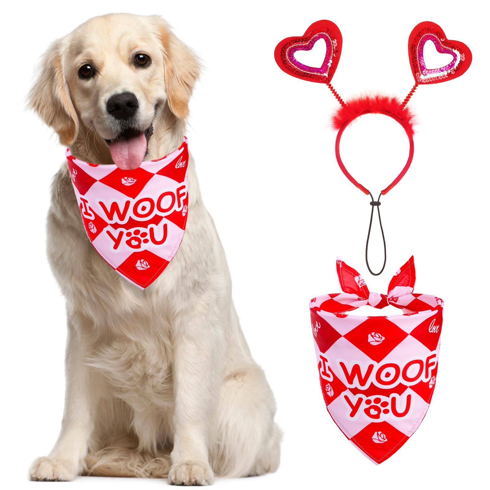 PUPTECK Valentine Dog Bandana Scarf with Cute Doggy Love Hat, Costume Decorations Supplies for Small Medium Large Dogs Boy Girl 