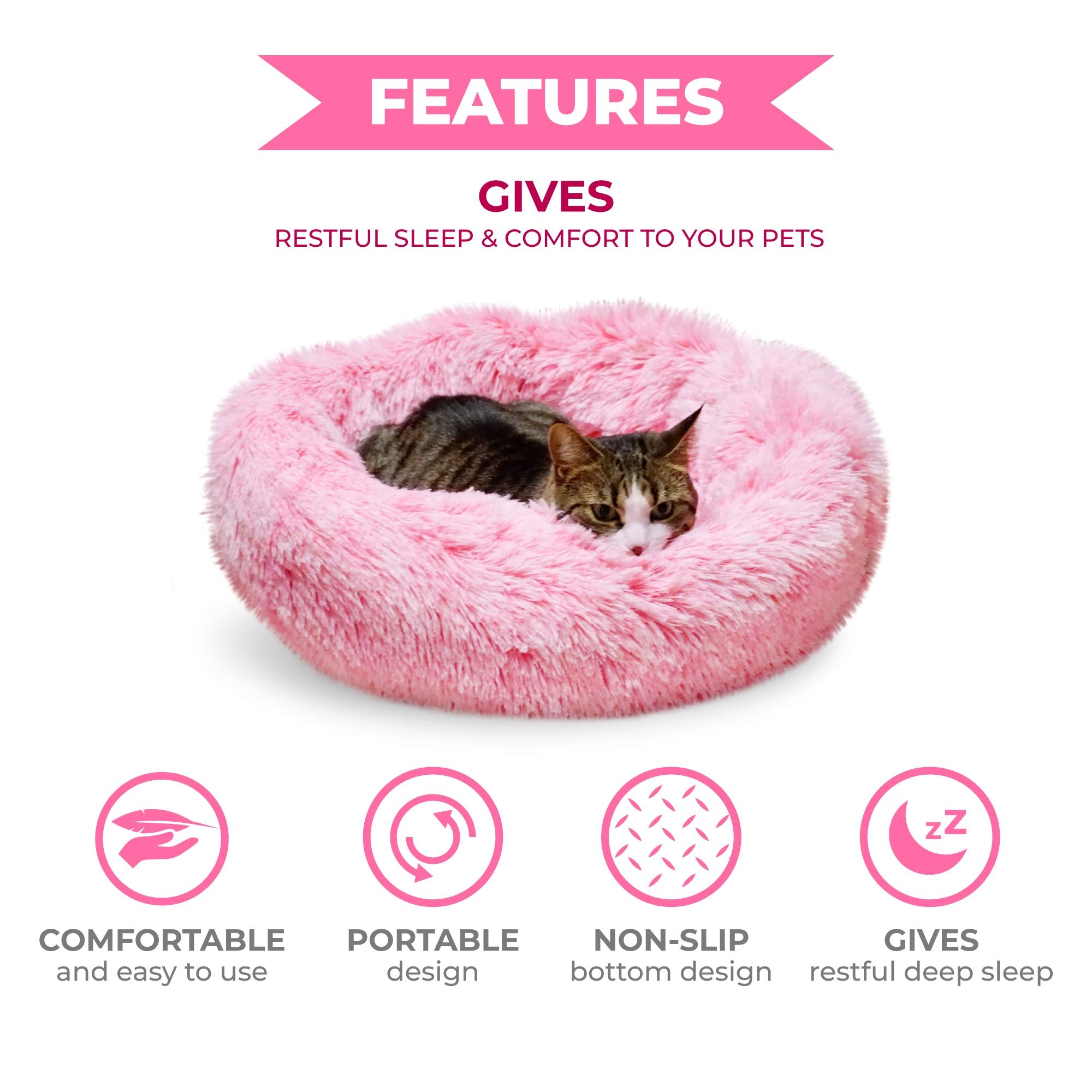 Whiskers & Friends Calming Cat Bed - Plush, Gradient Pink, 23x23 Inch, Anti-Anxiety for Cats & Small Dogs, Washable Donut Design