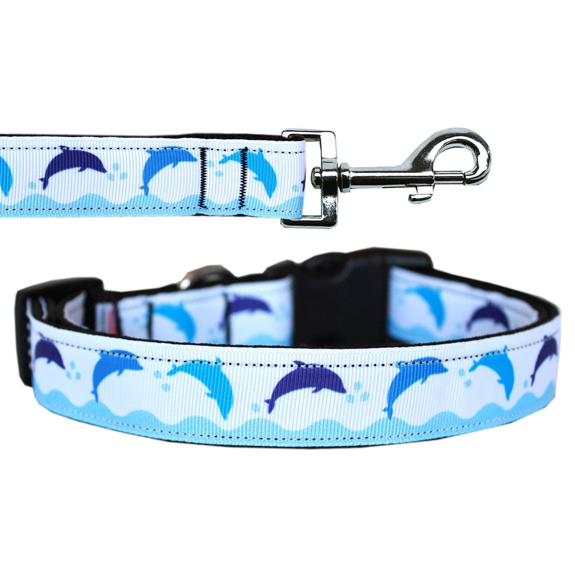 Pet Dog & Cat Nylon Collar or Leash, &quot;Blue Dolphins&quot; XS Collar