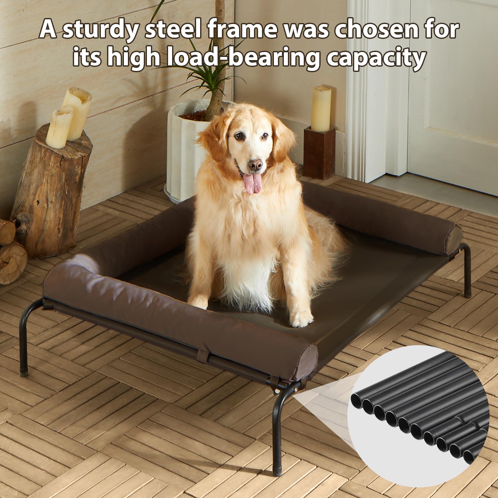 RRPETHOME Cooling Elevated Dog Bed for Large Dogs, Waterproof, Brown, 48"L x 35"W x 8"Th, Breathable Mesh, Portable for Indoor/Outdoor Use