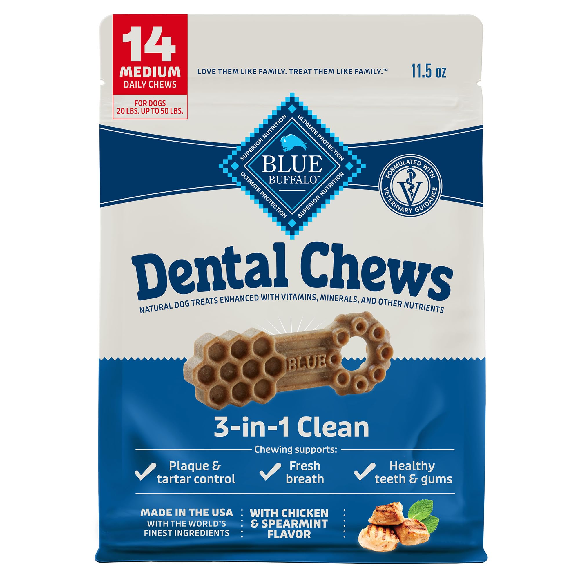 Blue Buffalo Medium Dental Chews for Dogs, Daily Dental Care Dog Treats Made in the USA with Natural Ingredients, Chicken & Spea