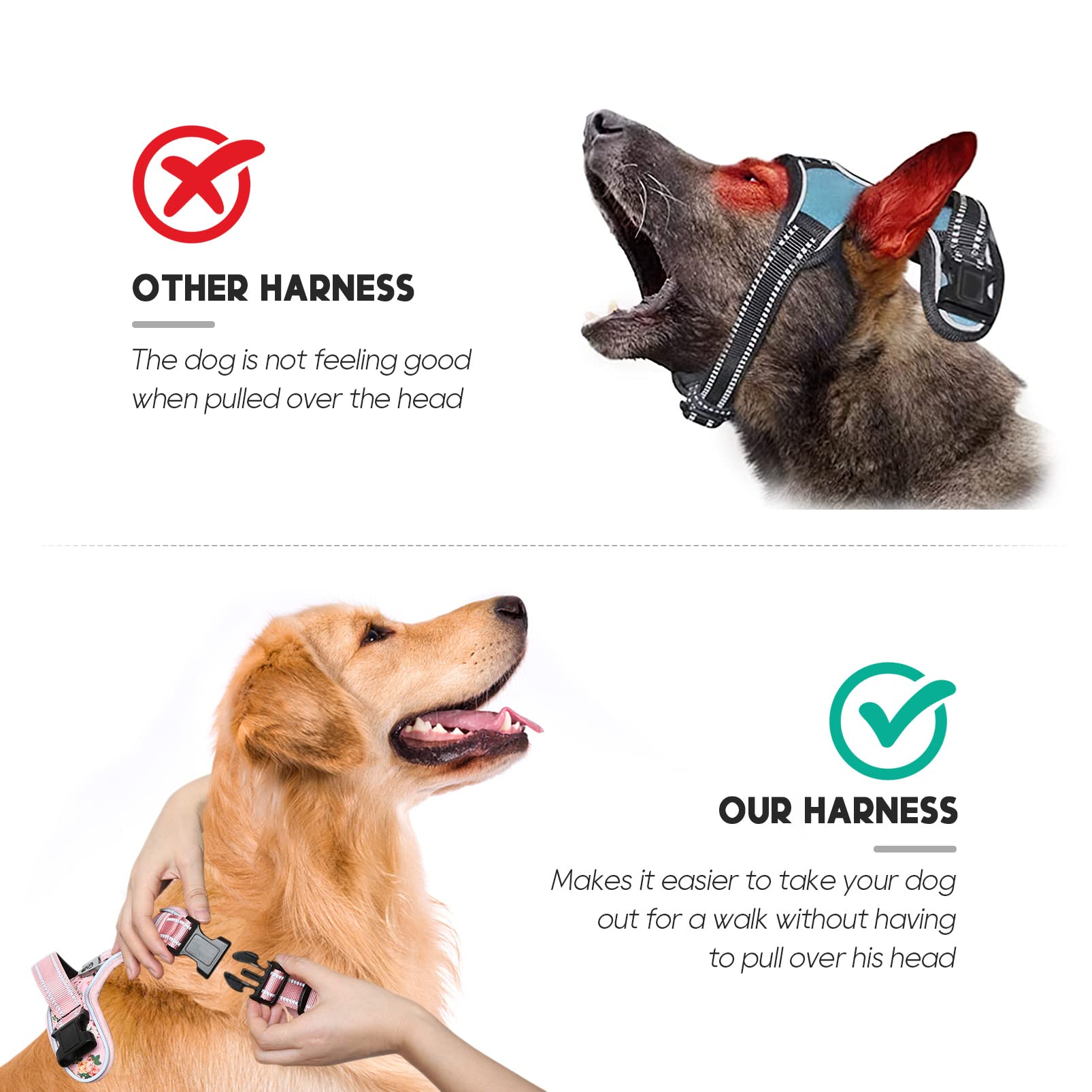 Timos No Pull Dog Harness,NO Need Go Over Dogs Head 3 Snap Buckles Reflective Oxford No Choke Harness with Front & Back 2 Metal