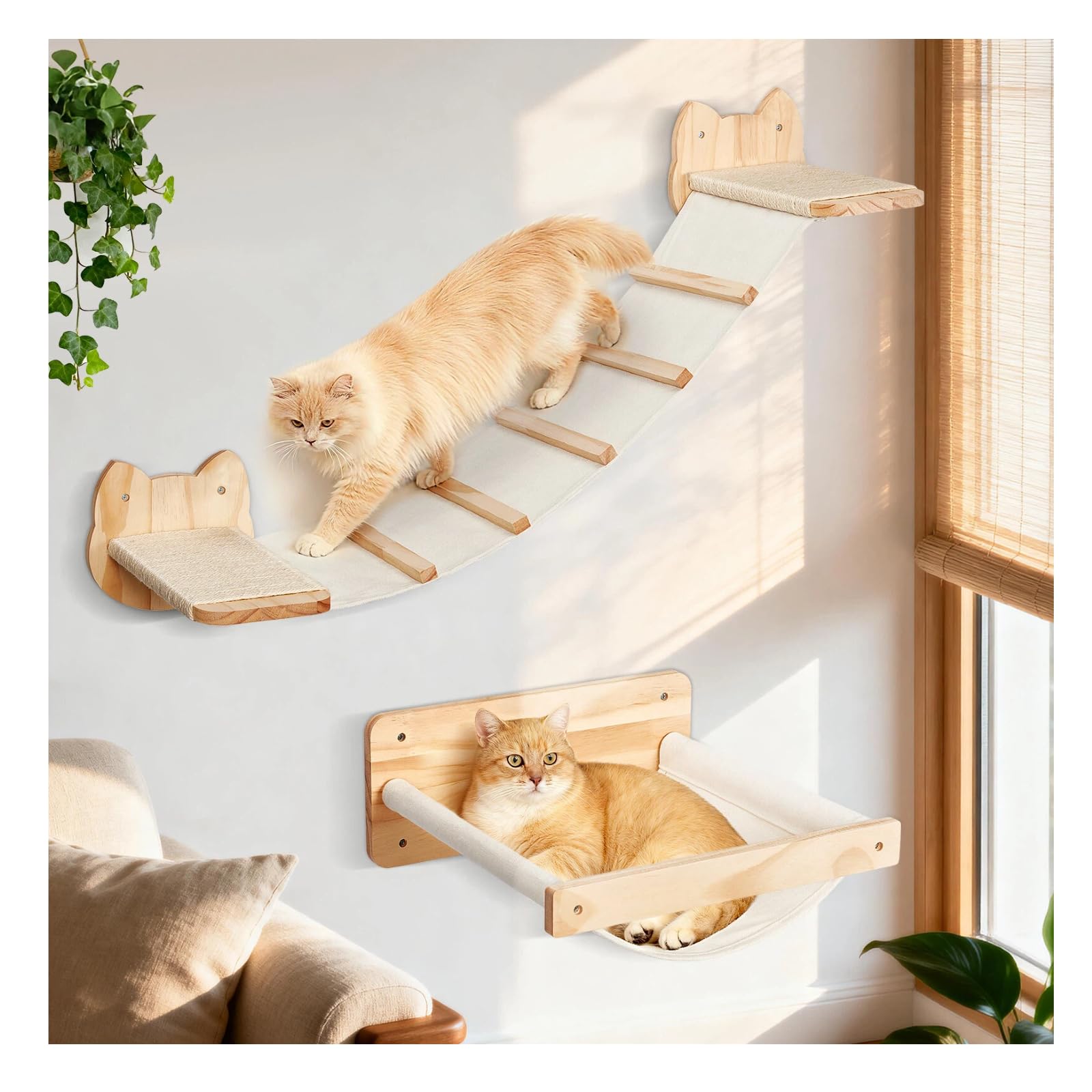 Petjoyi Cat Wall Shelves and Hammock Set, Cat Bridge Wall-Mounted with Climbing Steps and Sisal Roped Scratch Perch, Multi-Level