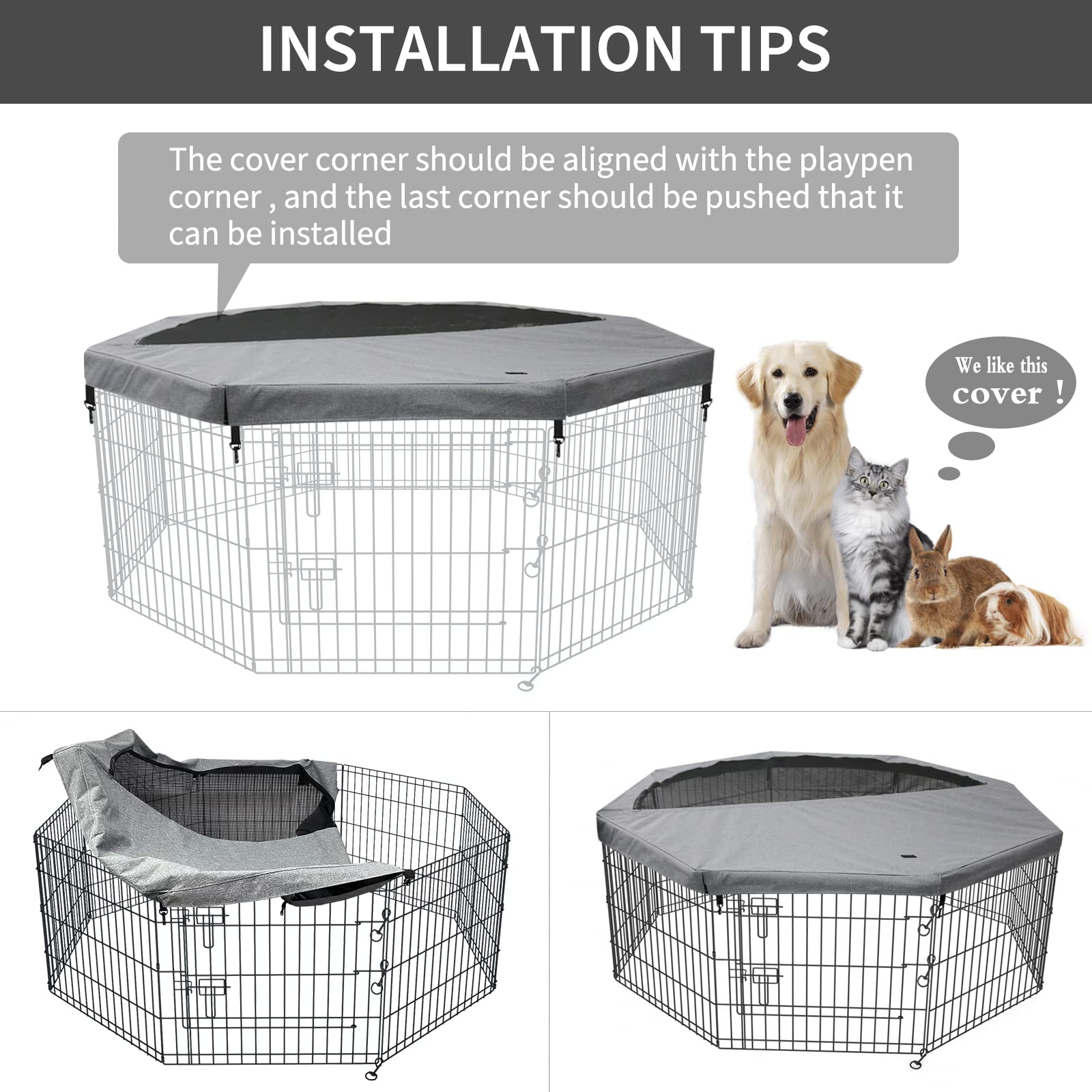 Petime Top Cover Sun/Rain Proof Provide Shade And Security For Indoor Outdoor Dog Playpen Fits All 24' Wide 8 Panels Pet Exerci