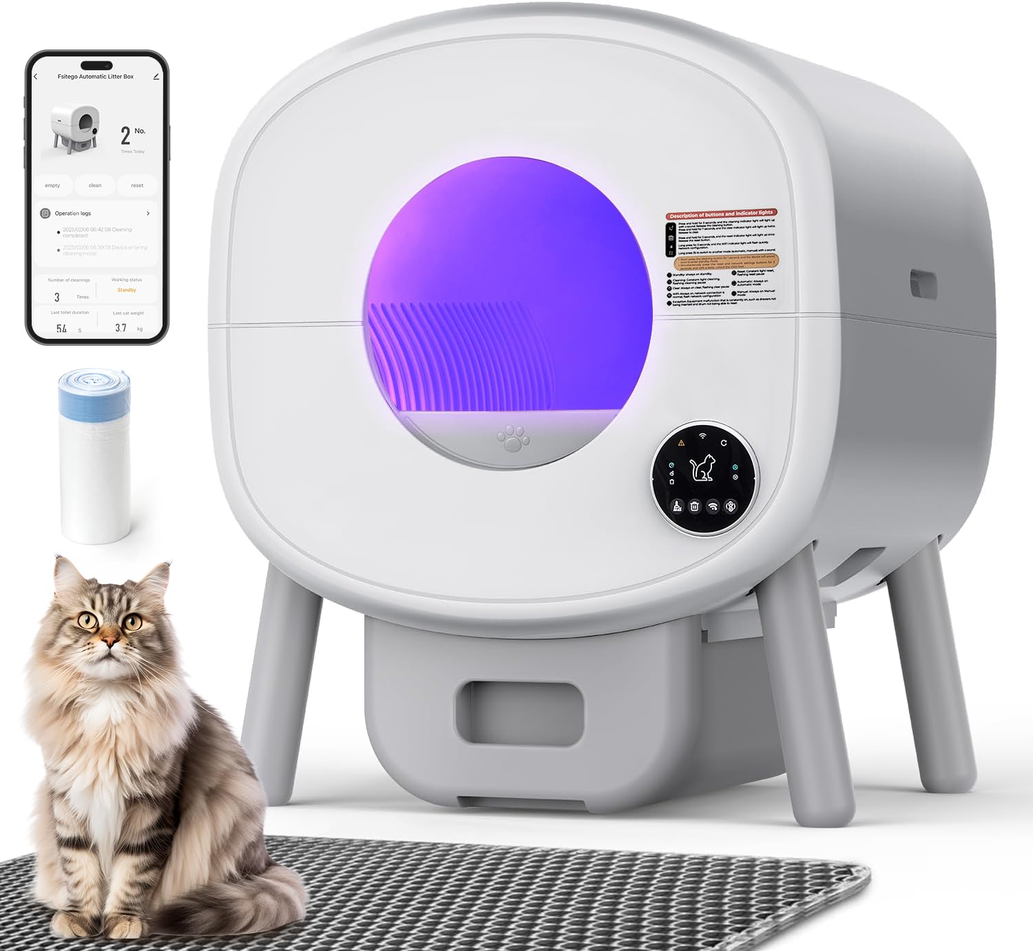 Fsitego Self Cleaning Litter Box: Extra Large Automatic Litter Box Self Cleaning for Multiple Cats, Odor-Free, App-Controlled, A