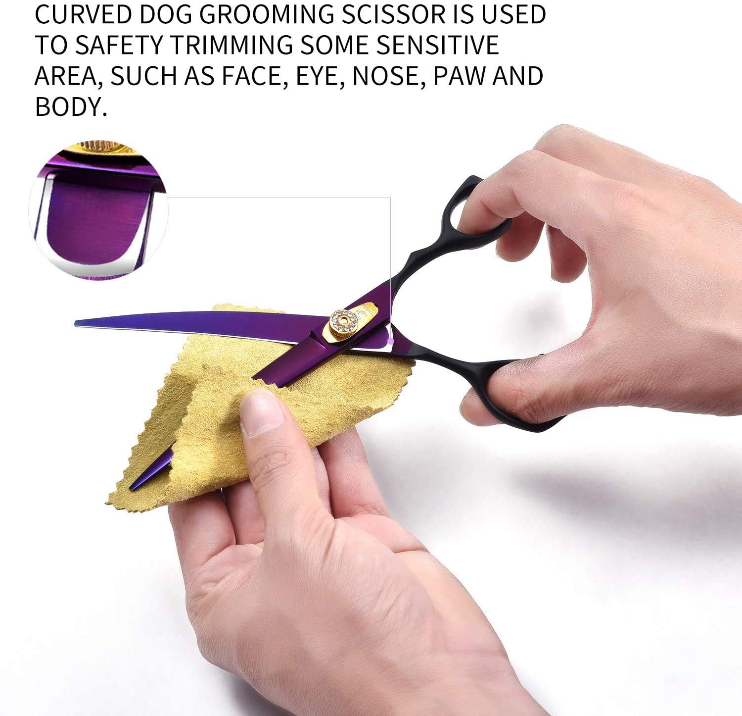 Dream Reach 7.0 Inches Professional Decompressed Elastic Handle Pet Grooming Scissors Set,Straight & Chunker & 2 Curved Scissors 4Pcs Set For Dog Grooming (Purple) (Down-Curved Scissor)