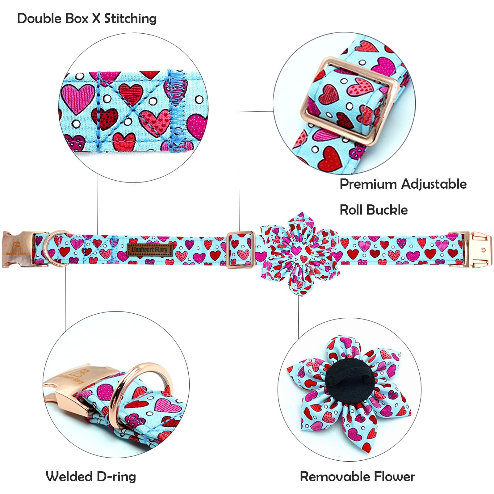 Lionheart Glory Valentine Dog Collar-Red Hearts Print Dog Collar With Flower For Large Dogs Spring Blue Cute Dog Bow Collars Fem