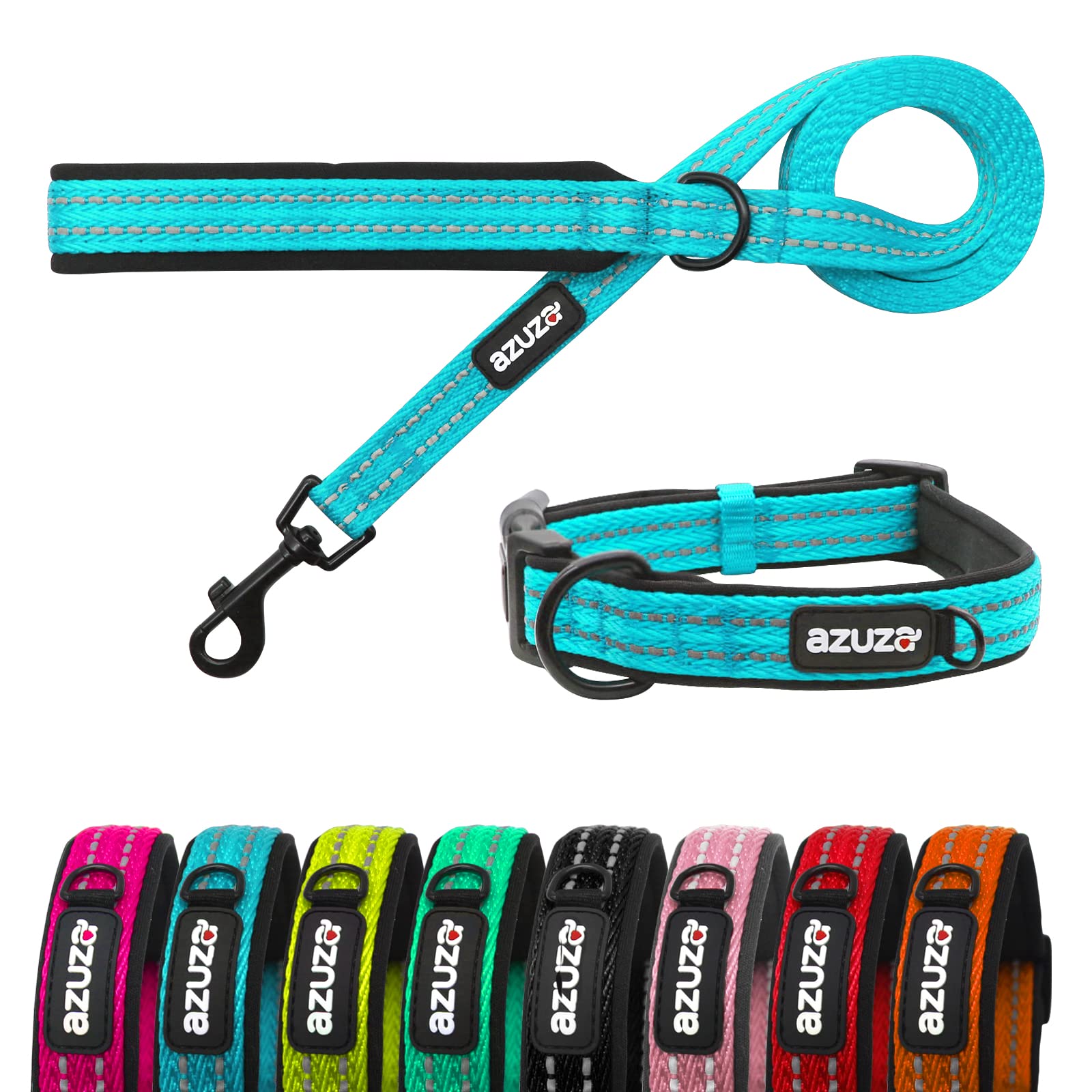 Azuza Reflective Padded Dog Leash And Collar Set Durable Extra Safe And Comfy For Small Medium Large Dogs