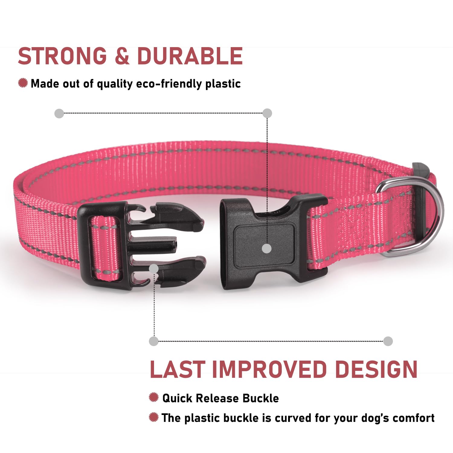 Reflective Dog Collar With Buckle Adjustable Safety Nylon Collars For Small Medium Large Dogs, Light Pink L