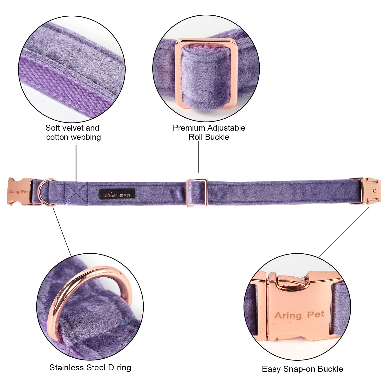 ARING PET Bowtie Dog Collar-Velvet Dog Collars with Removable Bowtie, Cute &Comfortable Purple Dog Collar,Large.