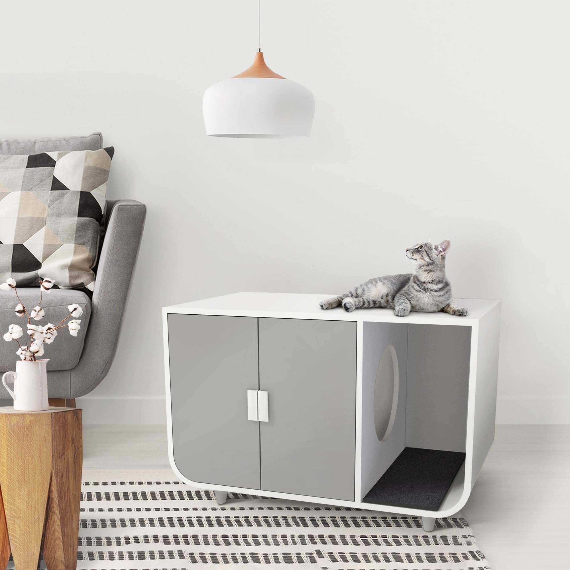 Staart Cat Litter Box Enclosure - Large Hidden Furniture Nightstand, Alpine White, Solid Wood, Model ST-K100021