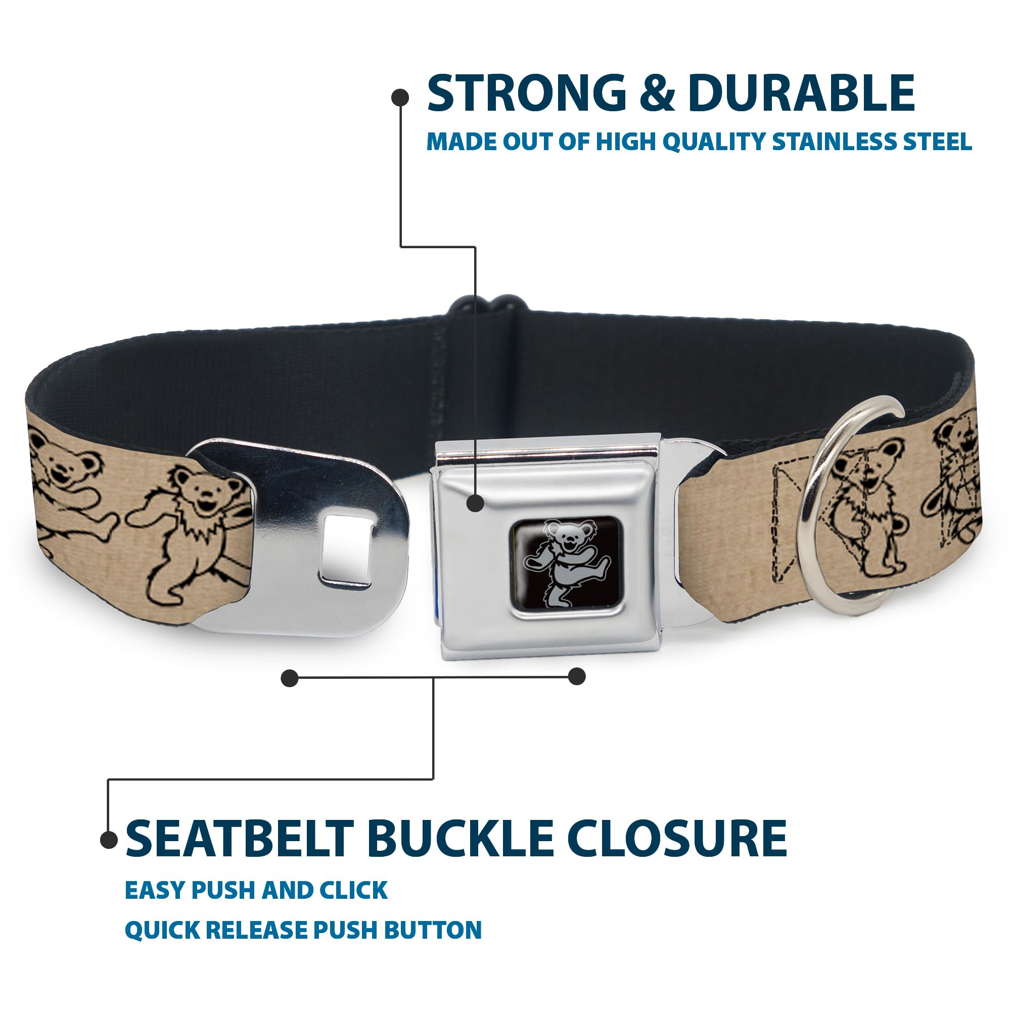 Buckle-Down Seatbelt Buckle Dog Collar - Dancing Bears Hemp/Black - 1'' Wide - Fits 15-26'' Neck - Large