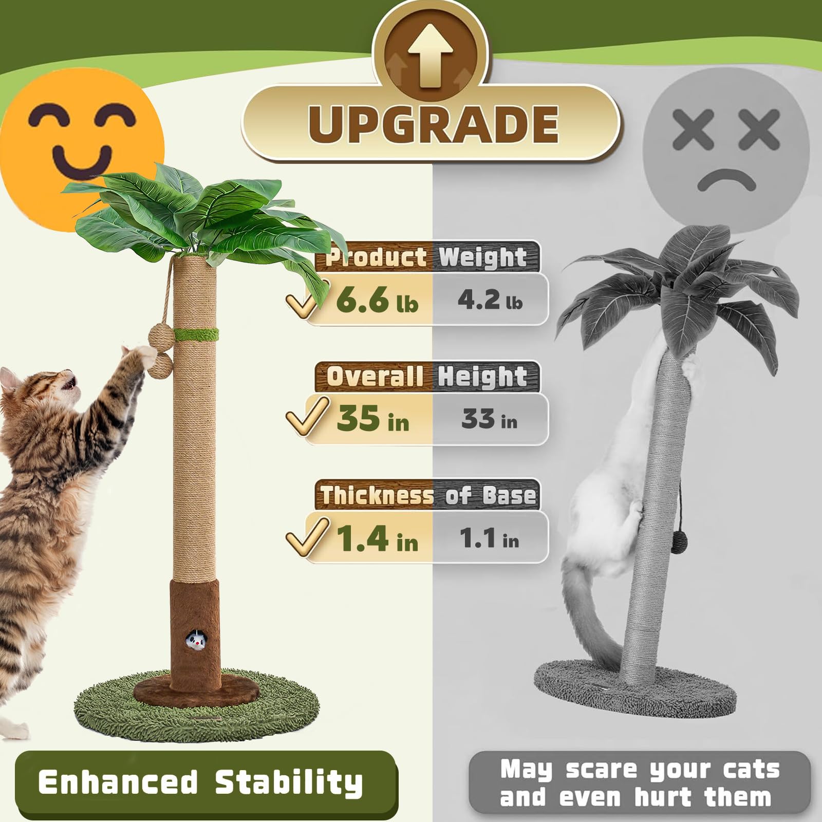 Woochpet 35'' Tall Cat Scratching Post, Cat Scratcher For Indoor Cats, Sisal Rope Scratch Post With Hanging Ball And Cat Toys Fo