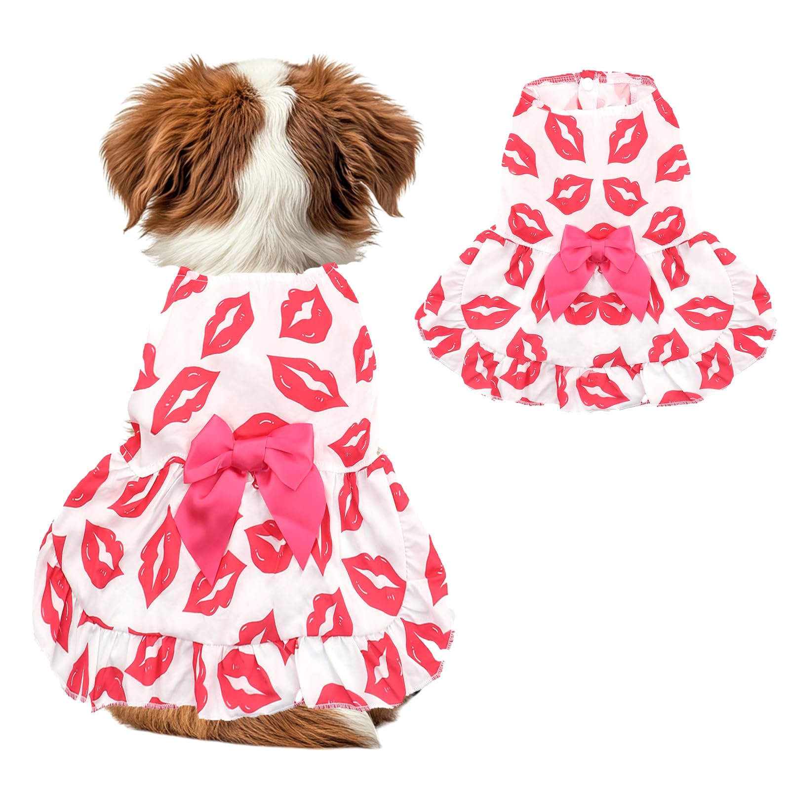 Dog Dress L, Cute White Pet Dress With Red Lip And Pink Bow, Stylish Pet Outfit For 11-13 Lbs Dogs And Cats, Romantic Holiday Cl