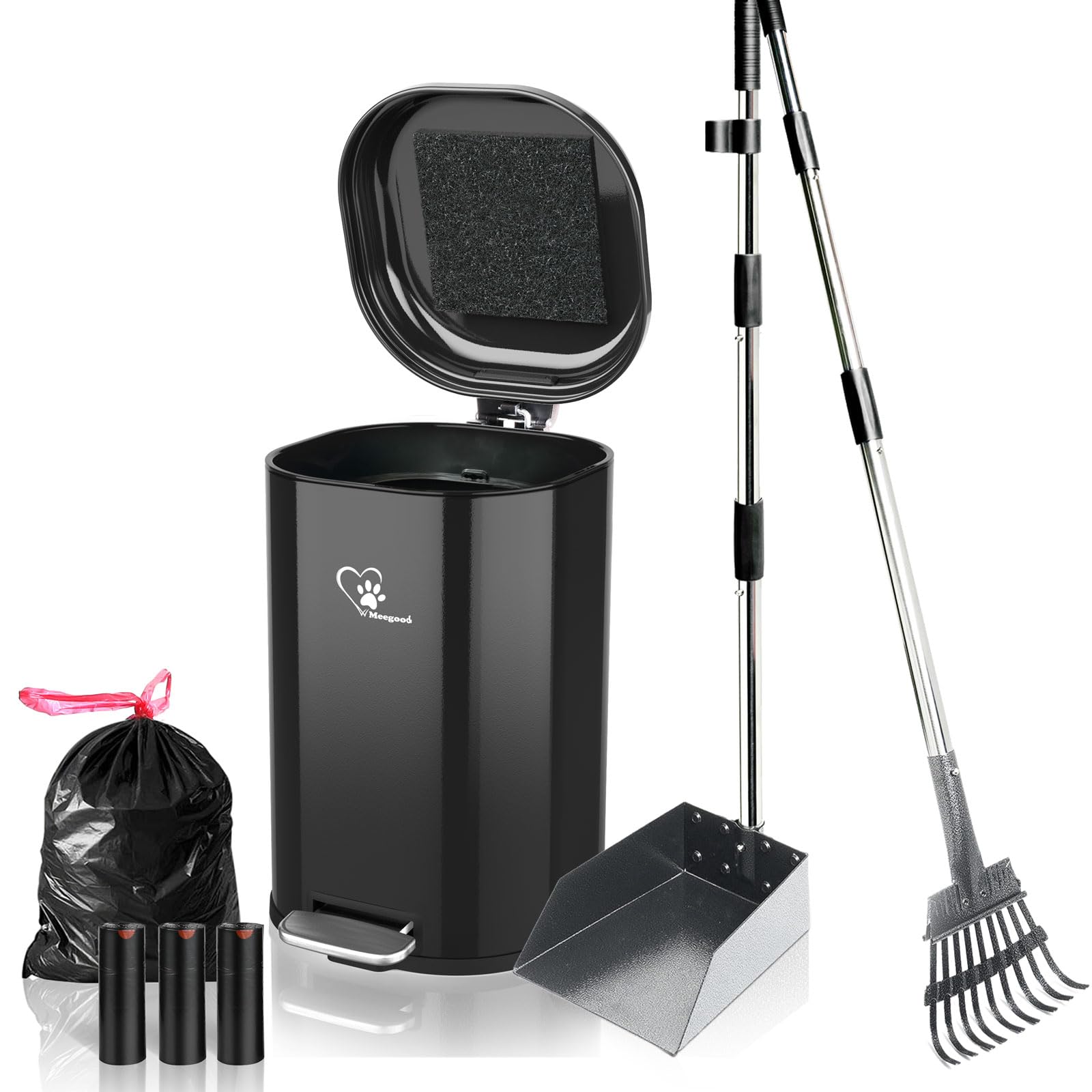 Meegood Dog Poop Trash Can Outside, Waste Bin with Lid and Removable Inner,Metal Rake Pooper Scoope,Odor Control for Indoor/Outd