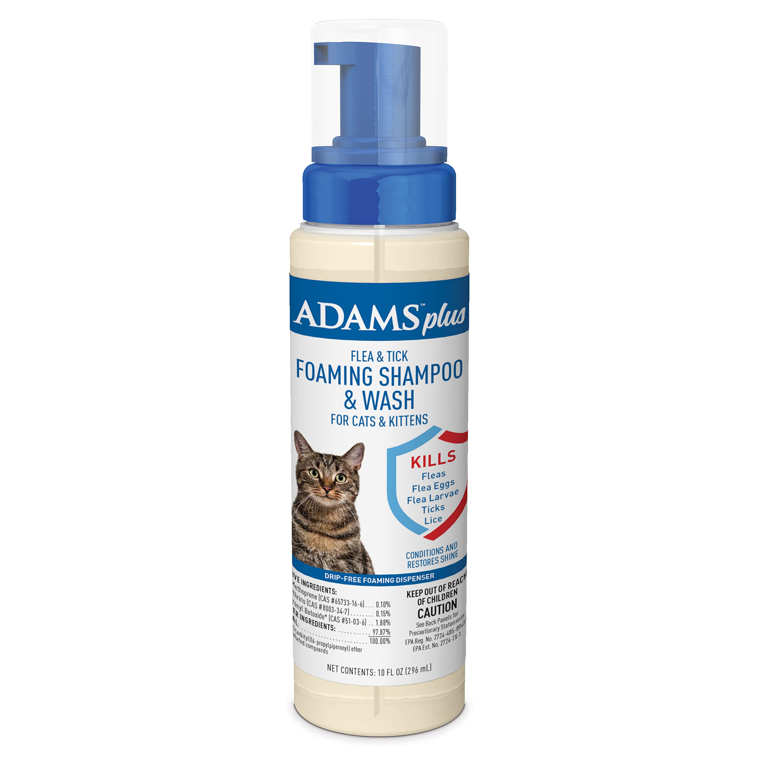 Adams Plus Flea & Tick Foaming Shampoo & Wash for Cats & Kittens Over 12 Weeks | Sensitive Skin Flea Treatment for Cats and Kitt