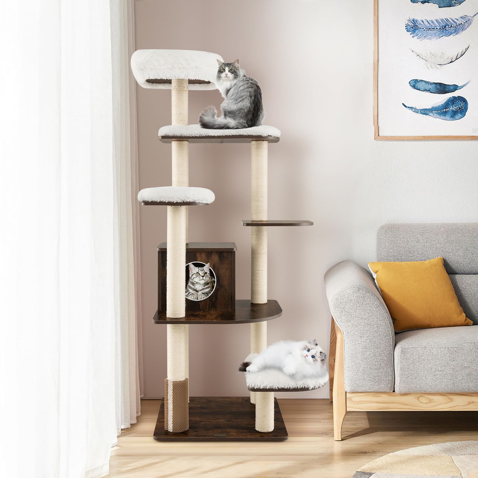 Petsite Tall Cat Tree For Indoor Cats, 71 Inches Multi-Level Modern Cat Tower With Plush Perch, Cozy Condo, Platforms, Sisal Scr