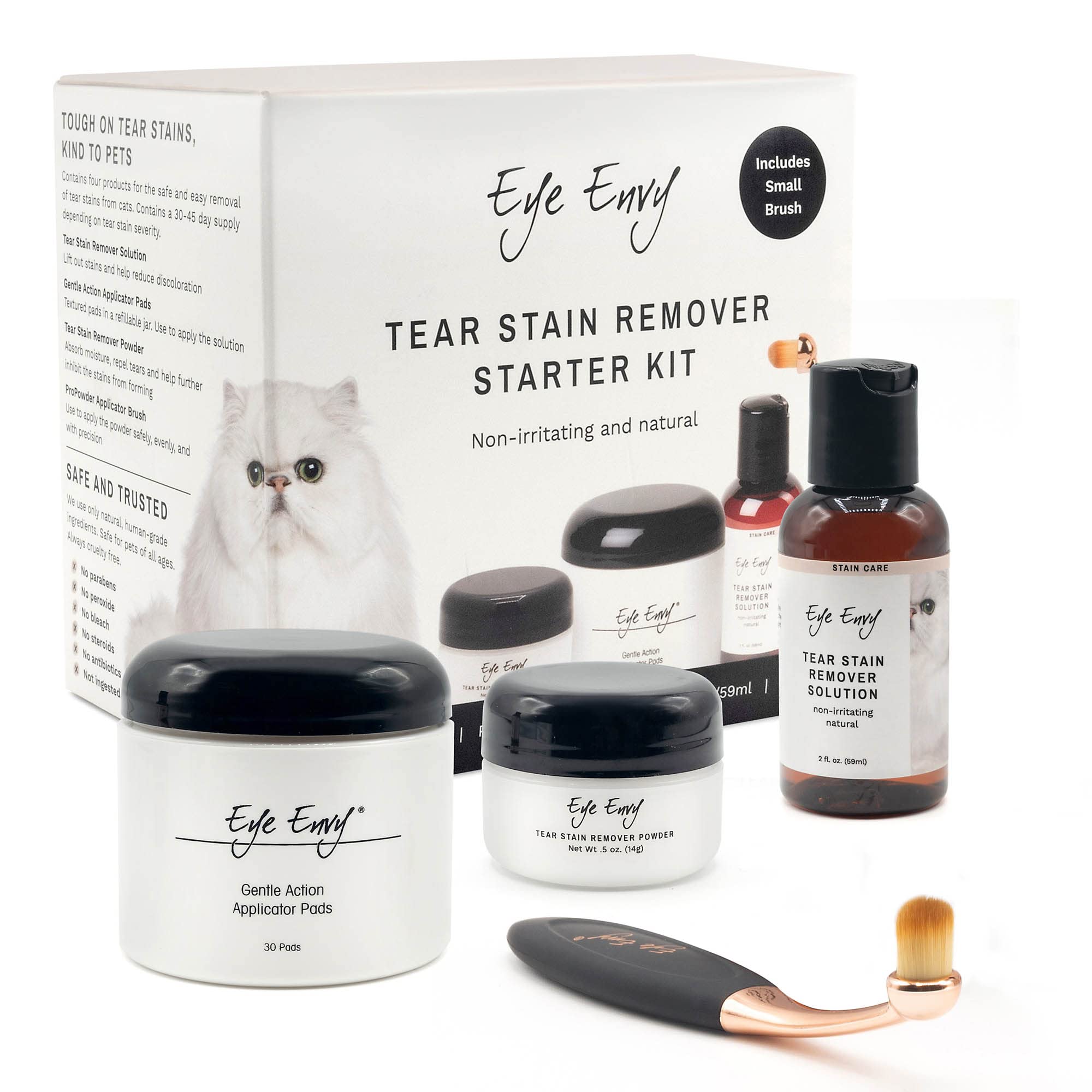 Eye Envy Cat Tear Stain Remover Starter Kit with ProPowder Brush. Stain Solution, Applicator Pads, Stain Powder, and Small Appli