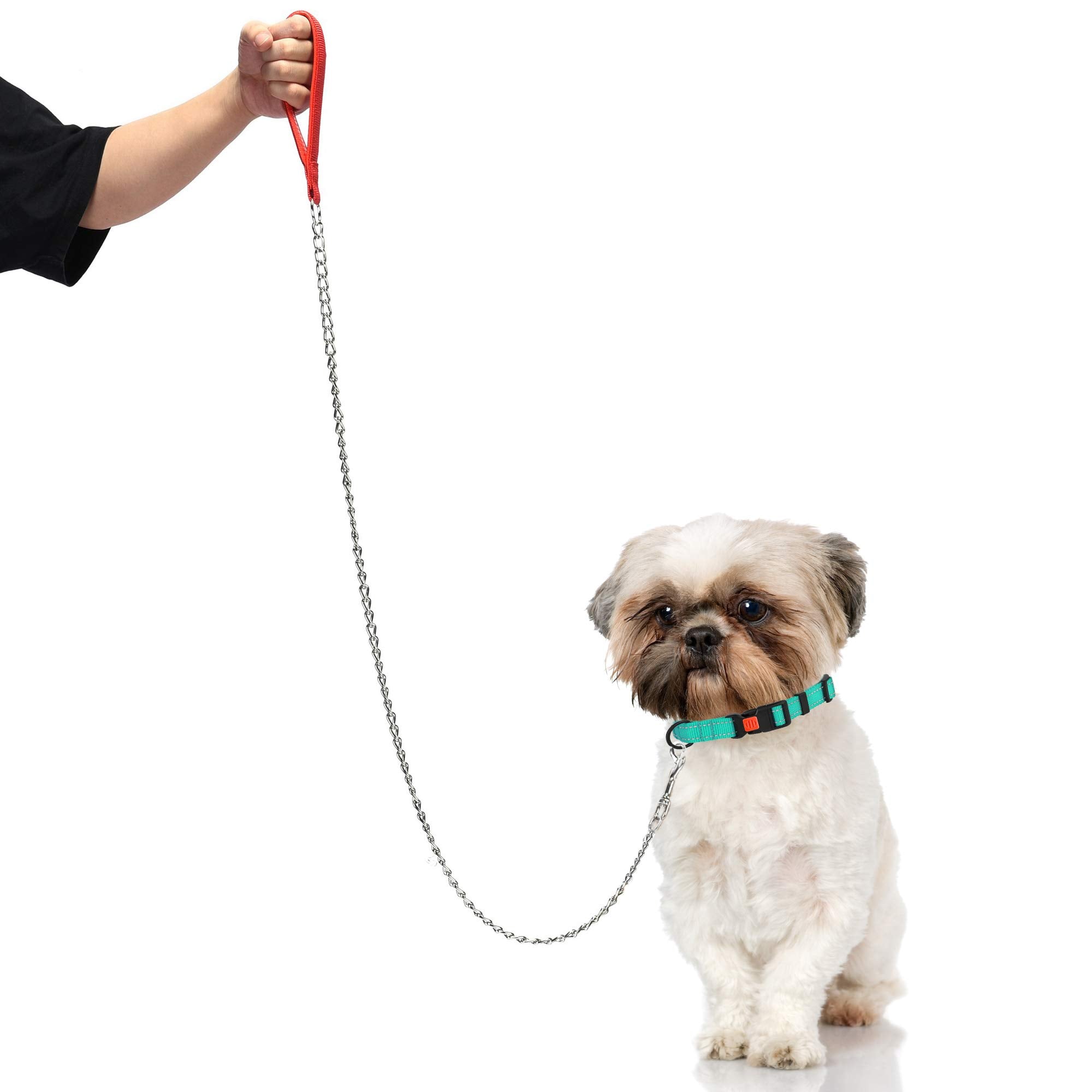 Filhome Metal Dog Leash Chew Proof Dog Chain Leash 4Ft Heavy Duty Sturdy Pet Dog Leash With Red Padded Handle For Large Medium Dogs