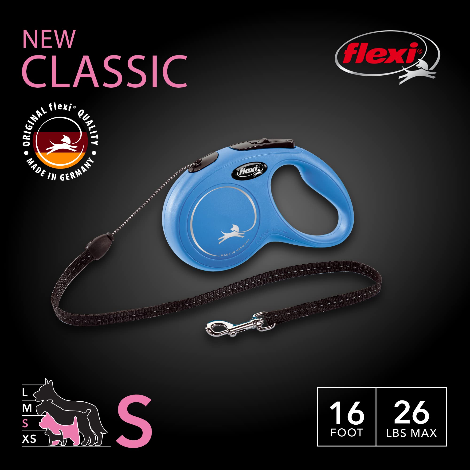 FLEXI Classic 16ft Blue Retractable Dog Leash for Small Dogs up to 26 lbs | Tangle-Free with One-Handed Brake & Lock