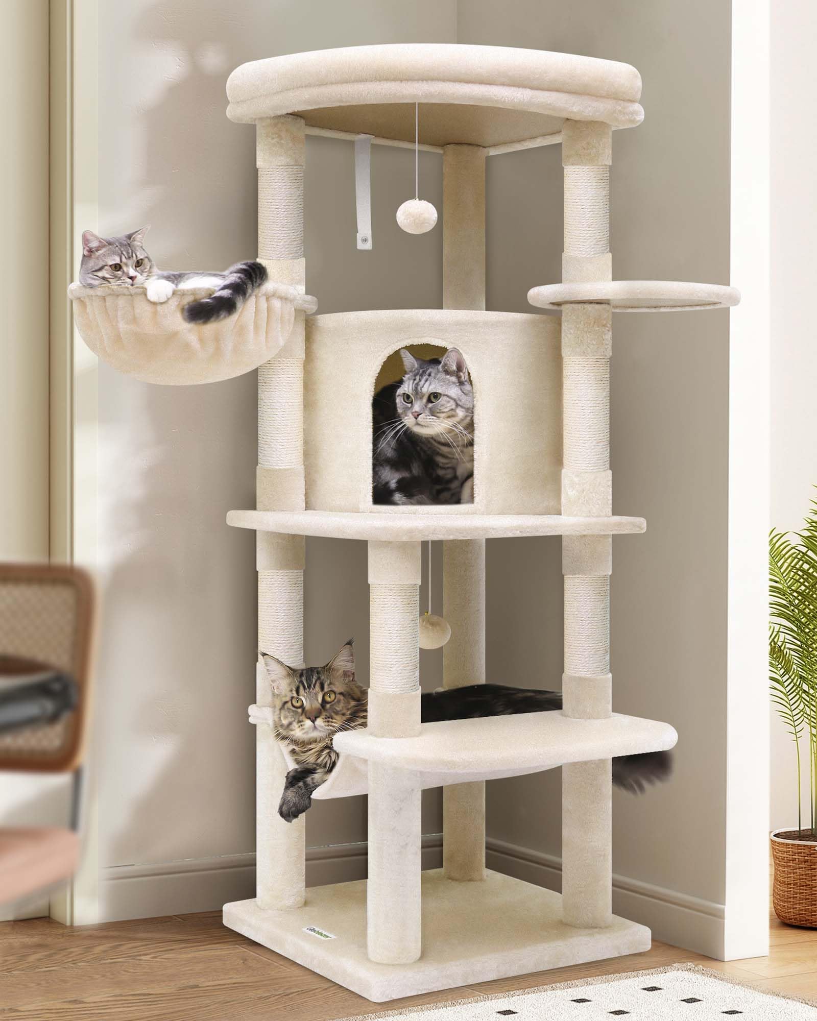 Globlazer C51 Corner Cat Tree For Large Cats, 51In Curved Series Modern Cat Tower For Indoor Cats With Hammock, 7 Sisal Scratchi