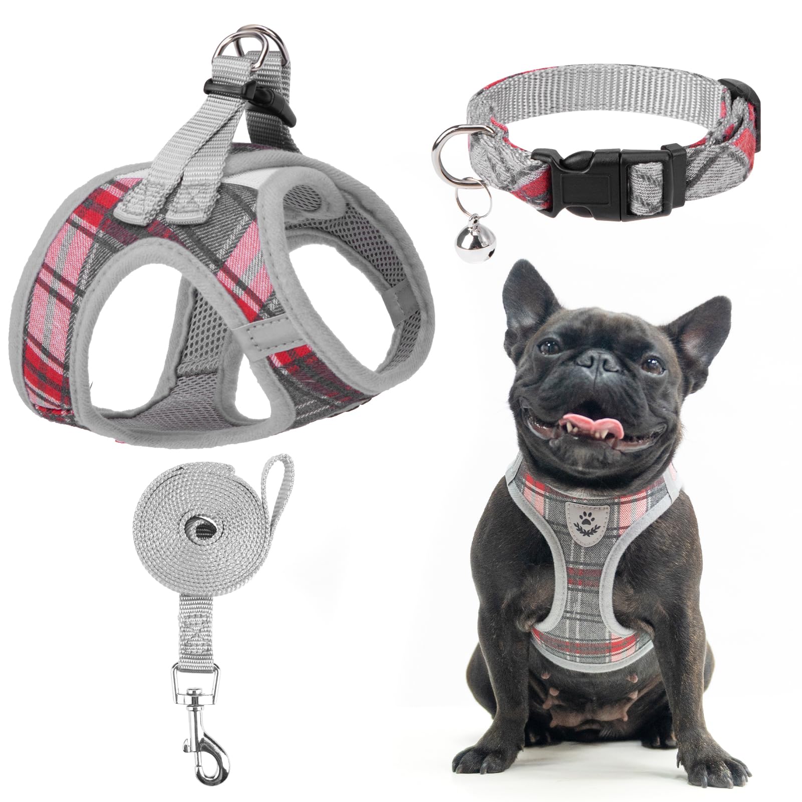 Expawlorer Classic Plaid Puppy Harness - Small Dog Collar And Leash - Soft Mesh Padded Adjustable Small Dog Vest Harness No Pull, Reflective Escape Proof For Outdoor Walking