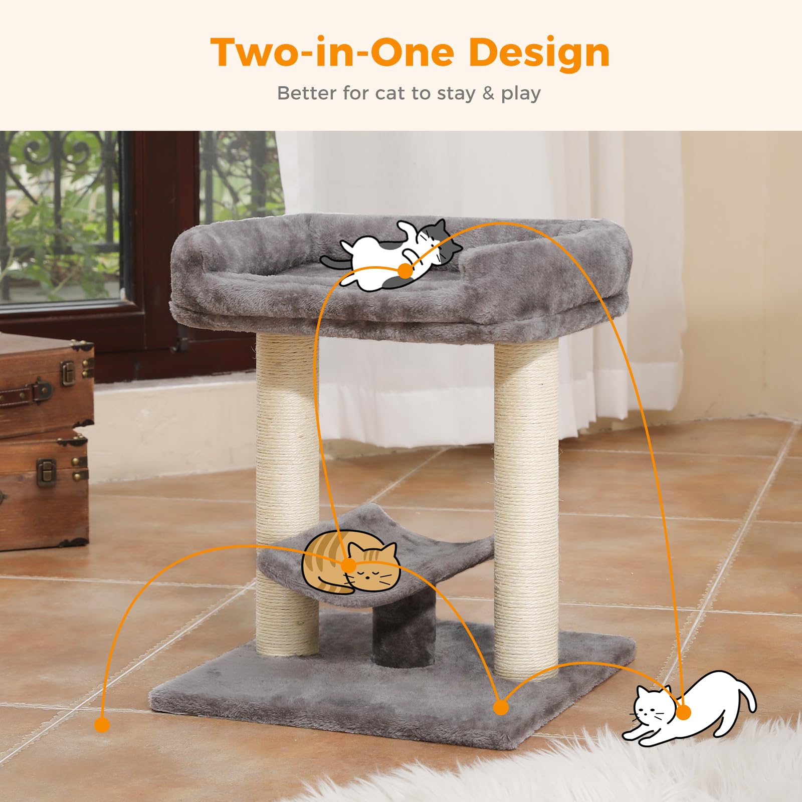 Petepela 19'' Scratching Post, Cat Tree Tower, 100% Natural Sisal Scratcher With Large Plush Top Perch Bed, Cozy Platform For Ki