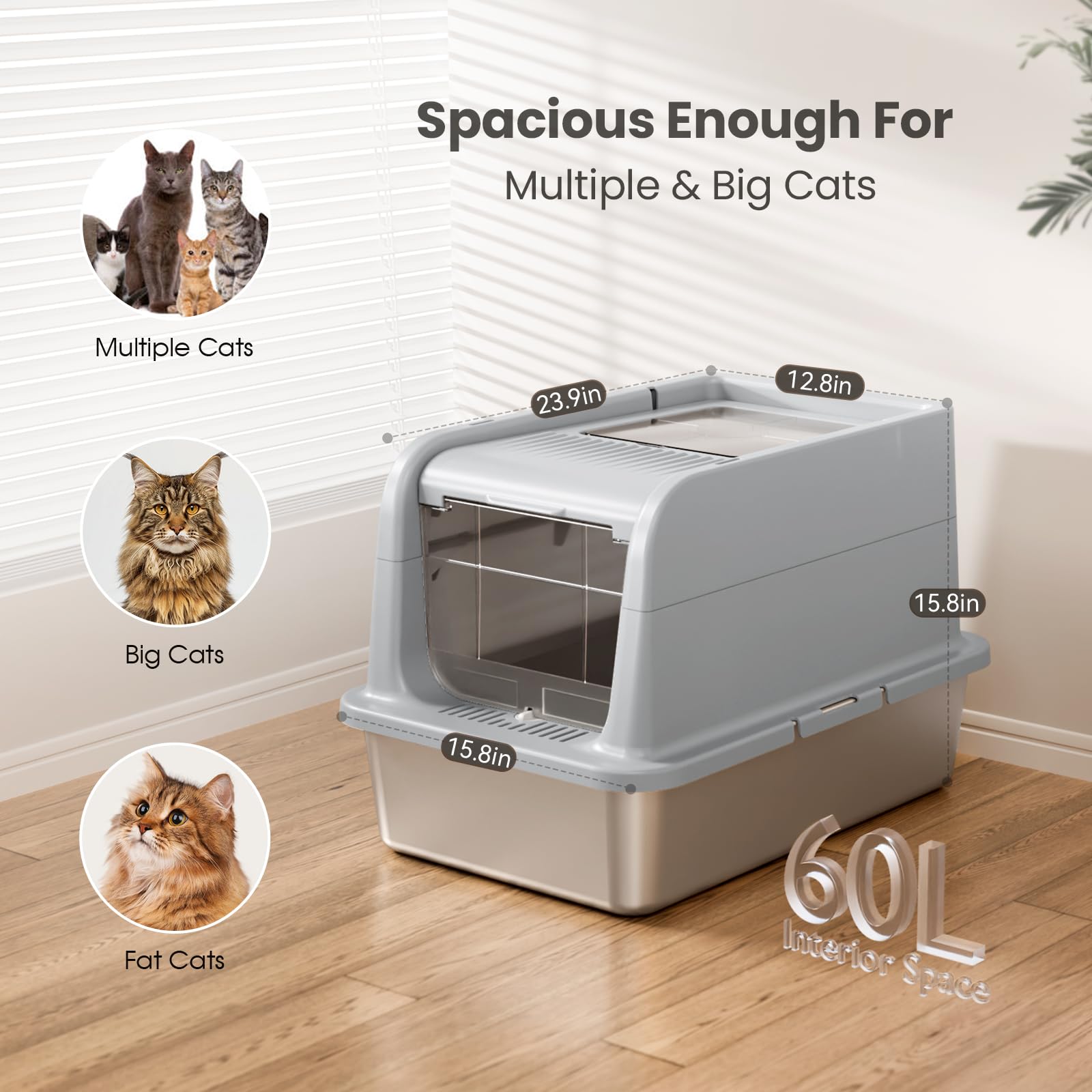 Courpal Stainless Steel Cat Litter Box With Lid - Xl Large Enclosed/Open Litter Box With Anti Leakage Enclosure - Odor Free Hood