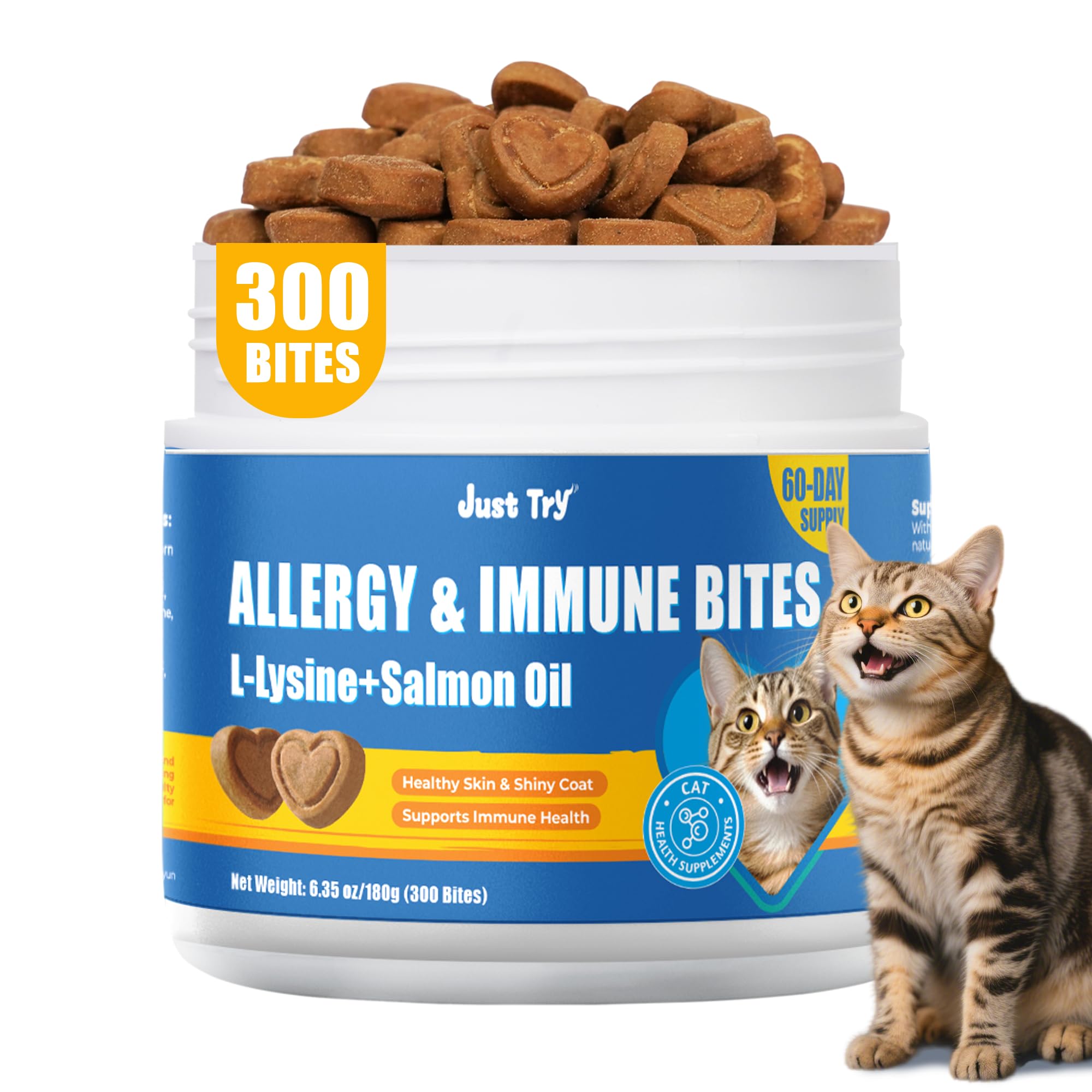 Just Try 300 Bites Allergy & Immune Bites for Cats - with L-Lysine & Quercetin for Itchy Skin Relief & Cat Allergy- Skin & Coat 