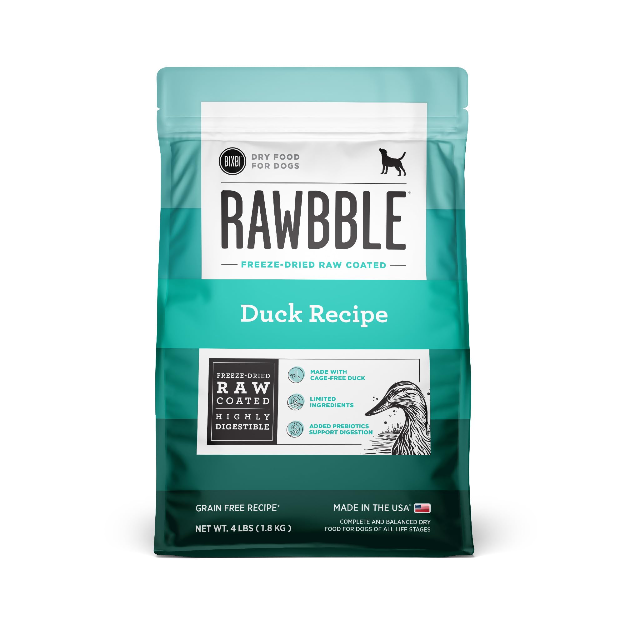 BIXBI Rawbble Dry Dog Food, Duck, 4 lbs - USA Made with Fresh Meat - No Meat Meal & No Corn, Soy or Wheat - Freeze Dried Raw Coa