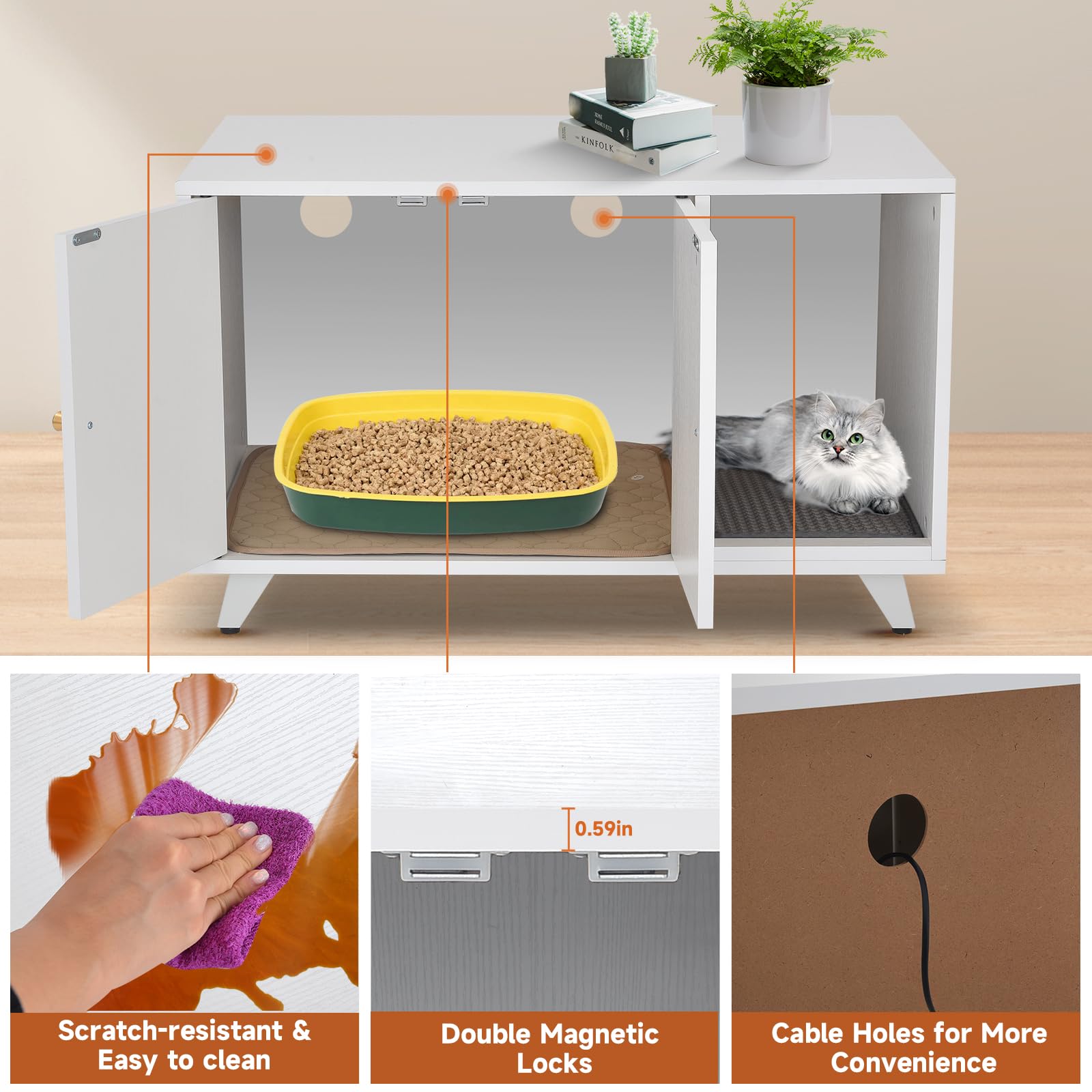 Quicmiou Cat Litter Box Enclosure, Hidden Litter Box Furniture Washroom Storage Cabinet, Modern Cat House With Scratche Pad (Whi