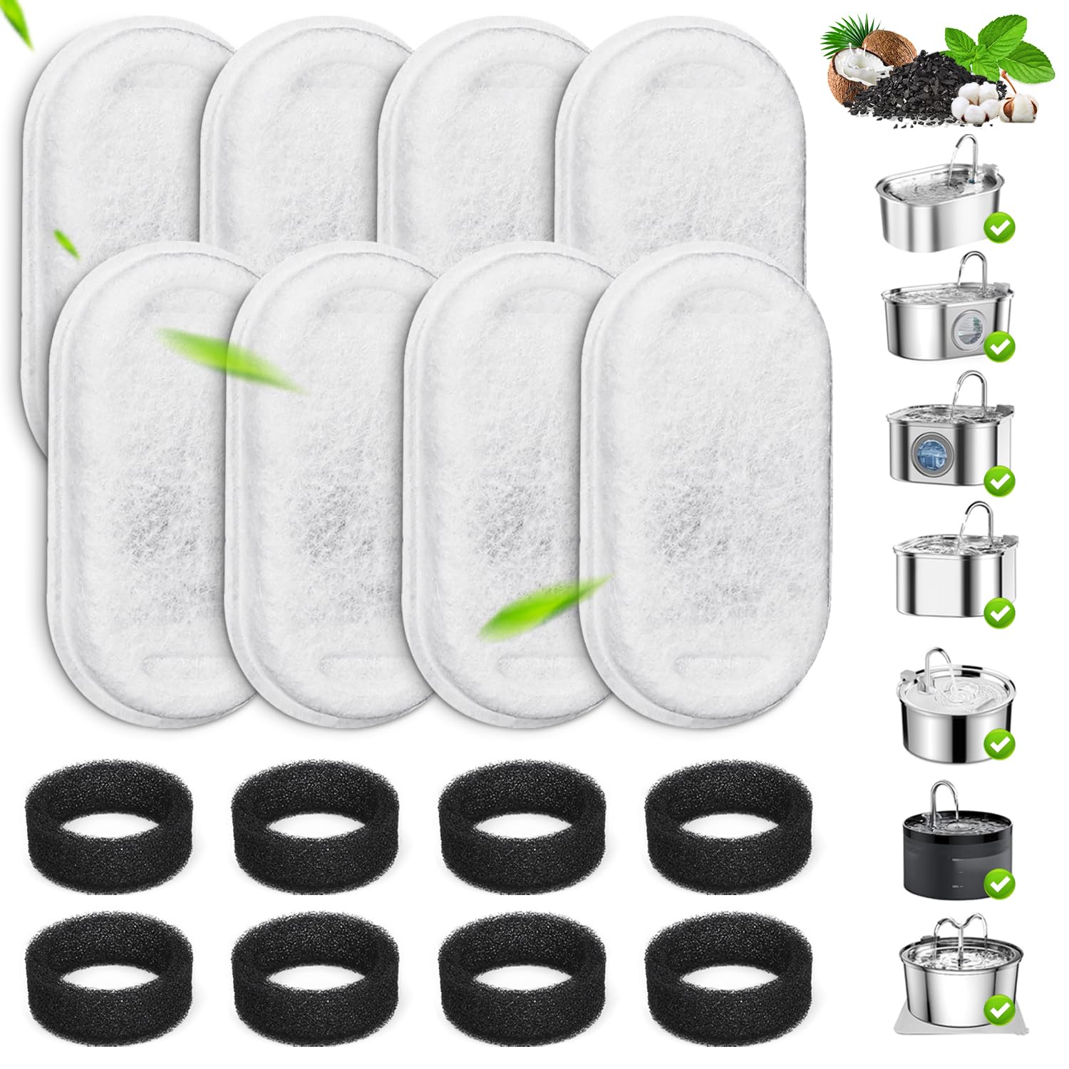 Ezmioo Cat Water Fountain Filters, 8 Pack Replacement Filters & Pre-Filter Sponges For 3.2L/108Oz & 2L/67Oz Stainless Steel Pet 