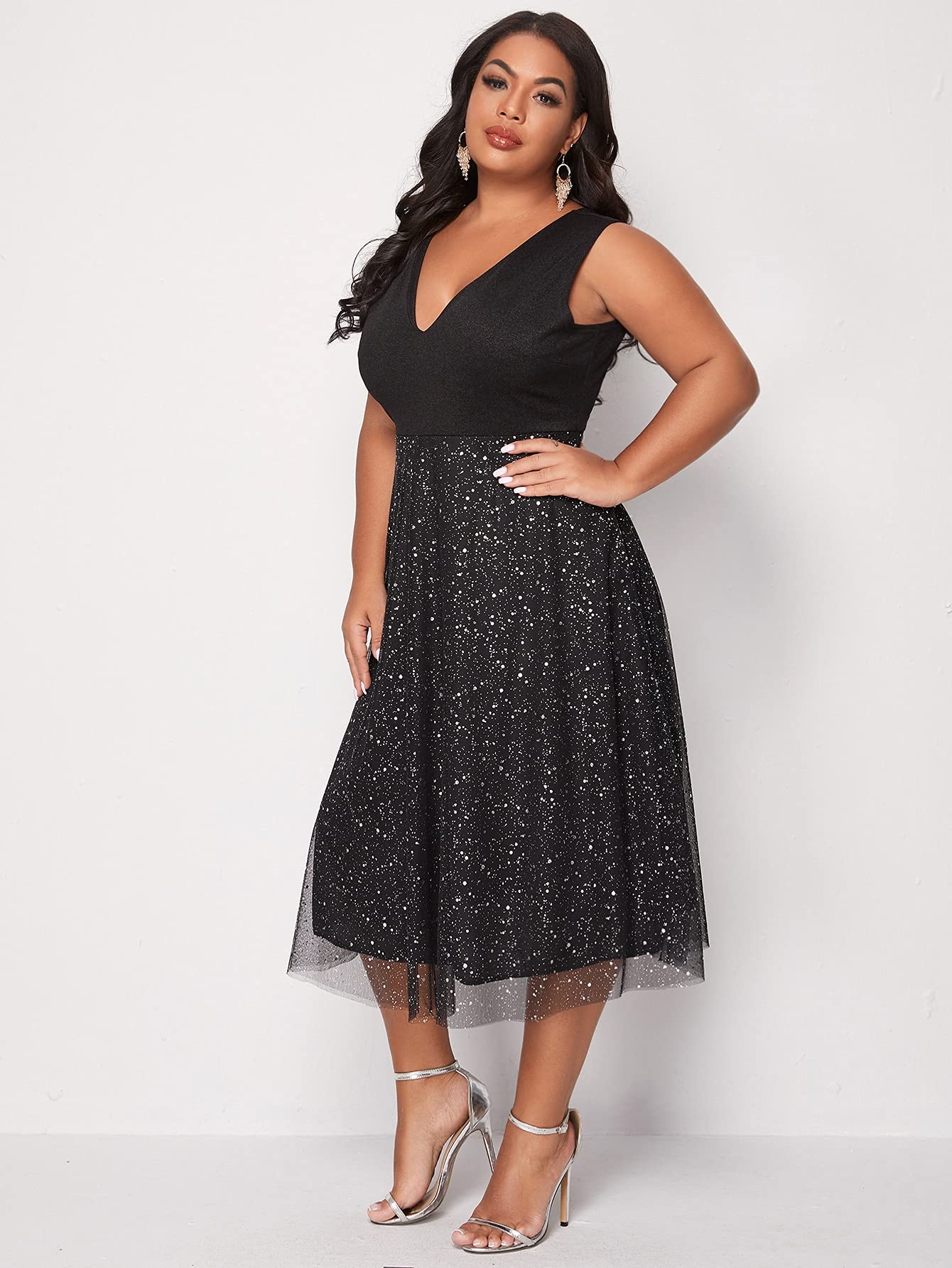 Floerns Womens Plus Size V Neck Sleeveless Sequin Cocktail Party Midi Dress Black 1Xl -Like New