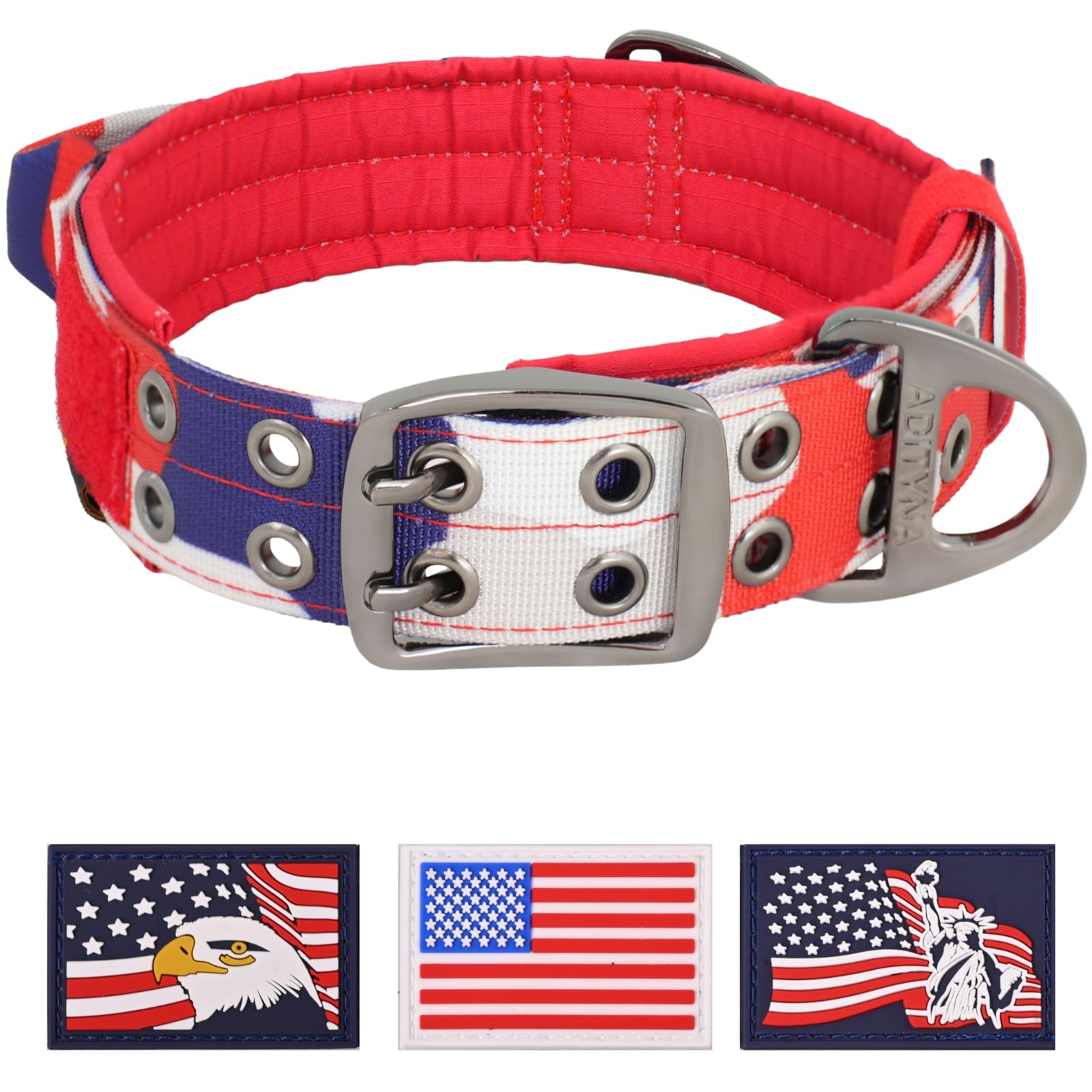 Adityna Heavy Duty Dog Collar For Large Dogs - Camo Red Blue Collar With Handle For Training, And Walking - Wide, Thick, Tactica