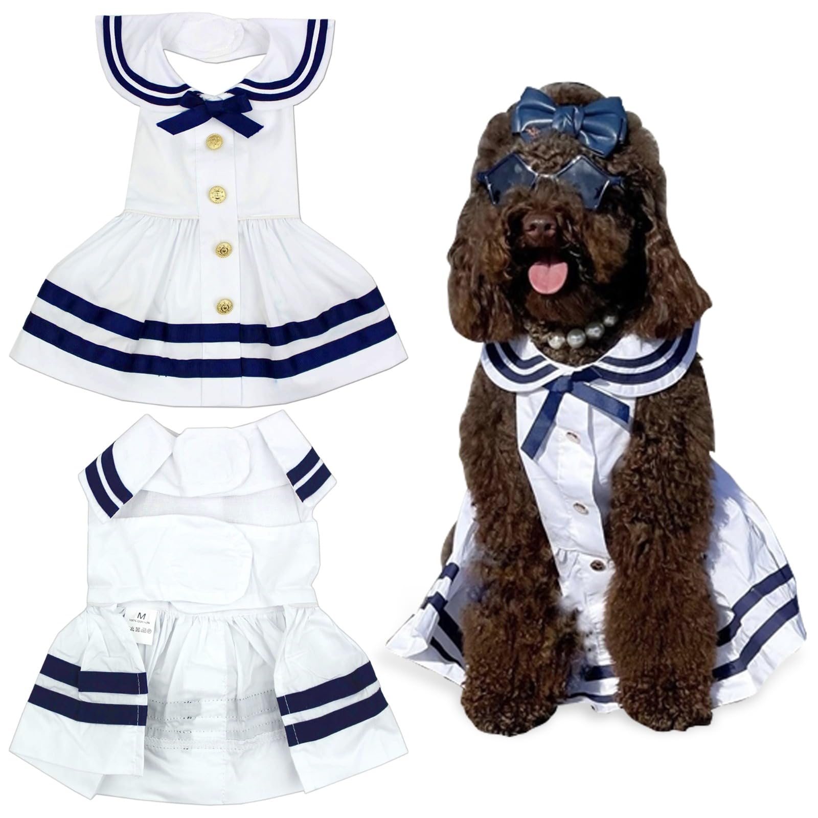 Parisian Pet Dog Dress - Lightweight Sailor Outfit - Breathable Summer Clothes - Pure Cotton White & Blue Dressy Outfit - Large 