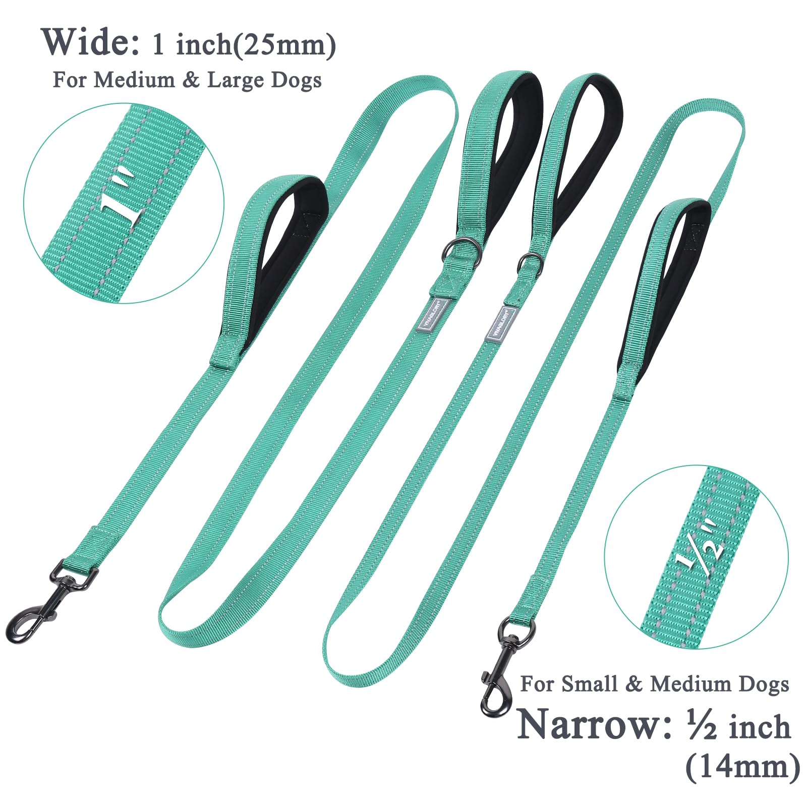 Vivaglory Traffic Handle Dog Leash, Two Padded Soft Handles Dog Leash, Strong Reflective & Metal Hook Training Dog Lead, Turquoise