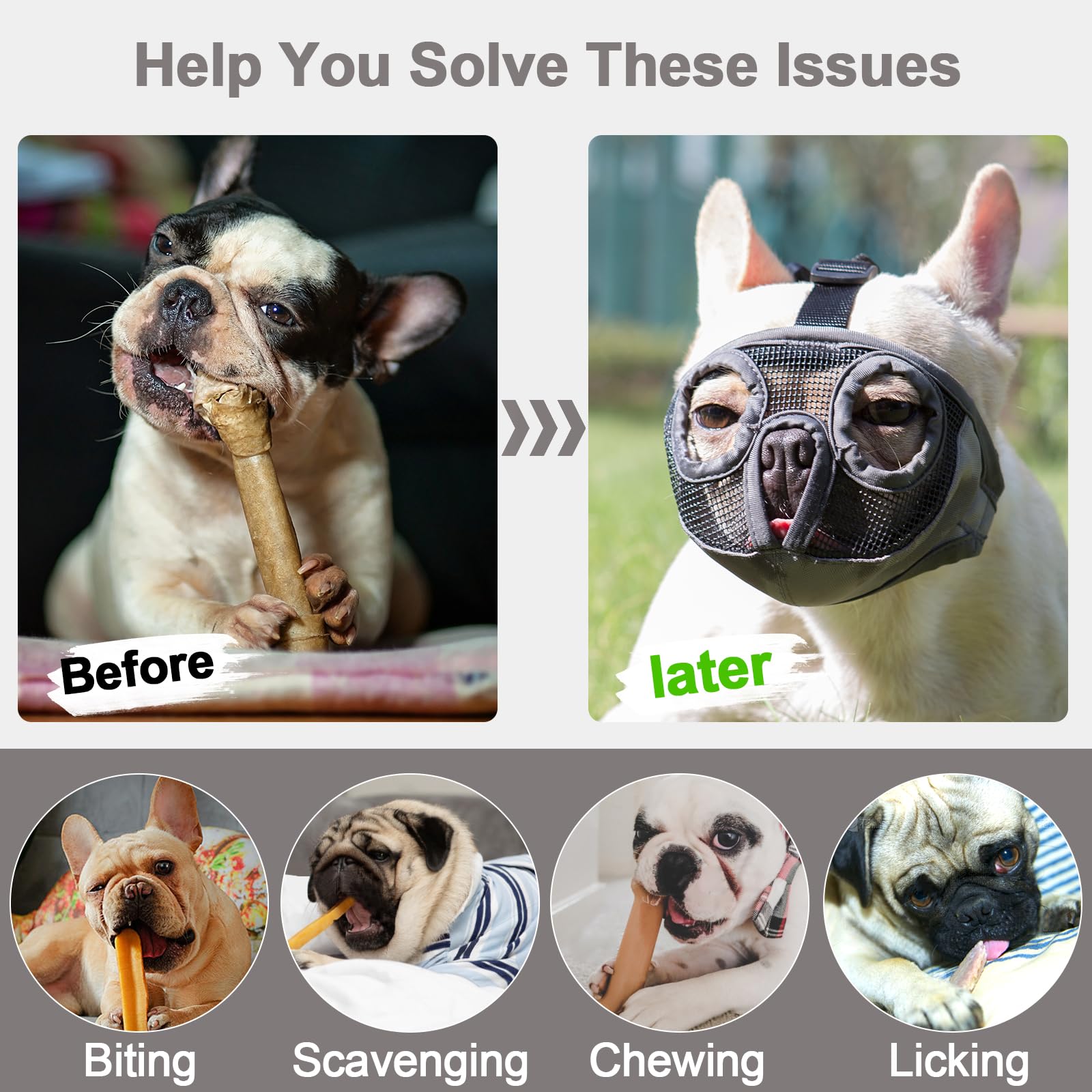 Short Snout Dog Muzzles- Bulldog Muzzle Breathable Mesh Dog Mask For Biting Chewing Training Licking Grooming (Gray, Xl(Head 18.