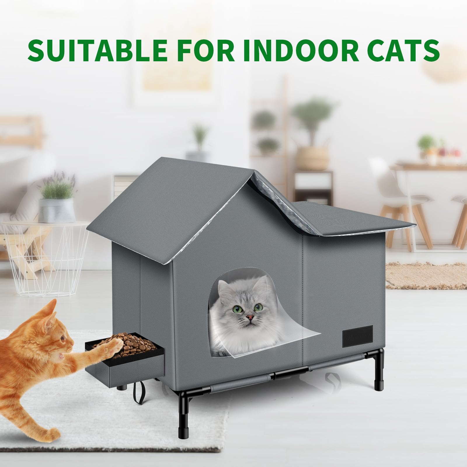 Outdoor Cat House-Large Weatherproof Cat Houses For Outdoor/Indoor Cats Feral Cats Shelter With Soft Mat (Heat Gray)