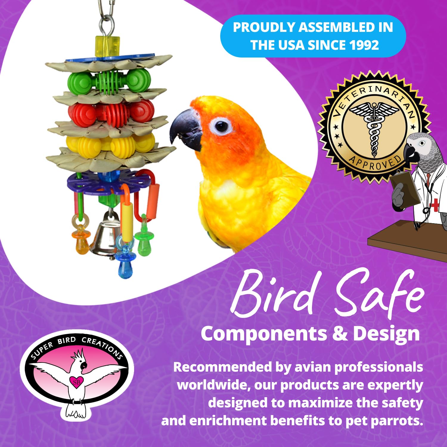 Super Bird Creations Sb765 Triple Decker Bird Toy For Medium Sized Pet Birds - Ringnecks, Medium Conures, Cockatiels, Caiques, Pionus, Senegals - Bird Safe Component And Design - 8' X 3'