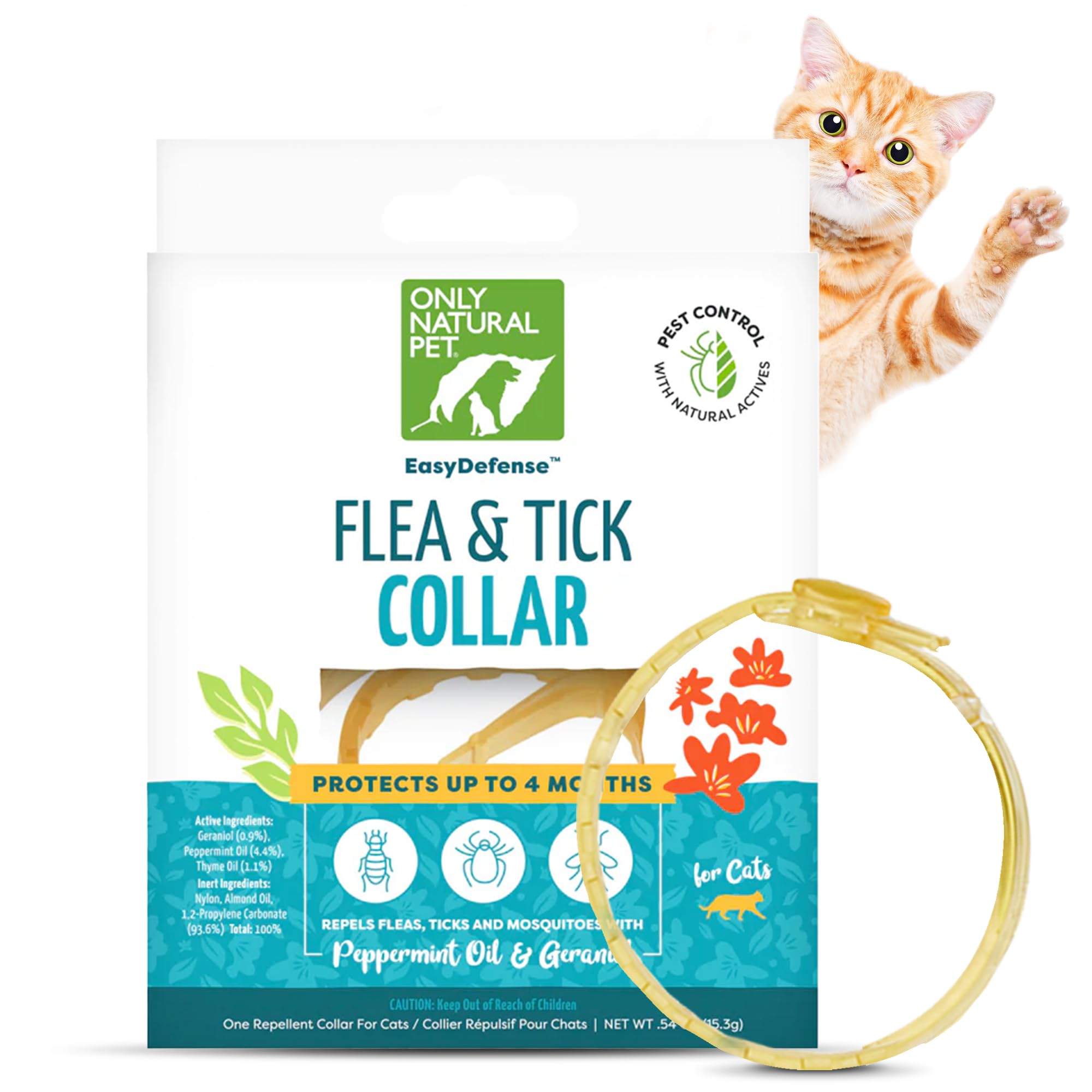 Only Natural Pet Easydefense Flea & Tick Cat Collar - Feline Flea Collars Flea And Tick Control - Pet Flea Care That Protects Up To 4 Months - For Cats (Single)