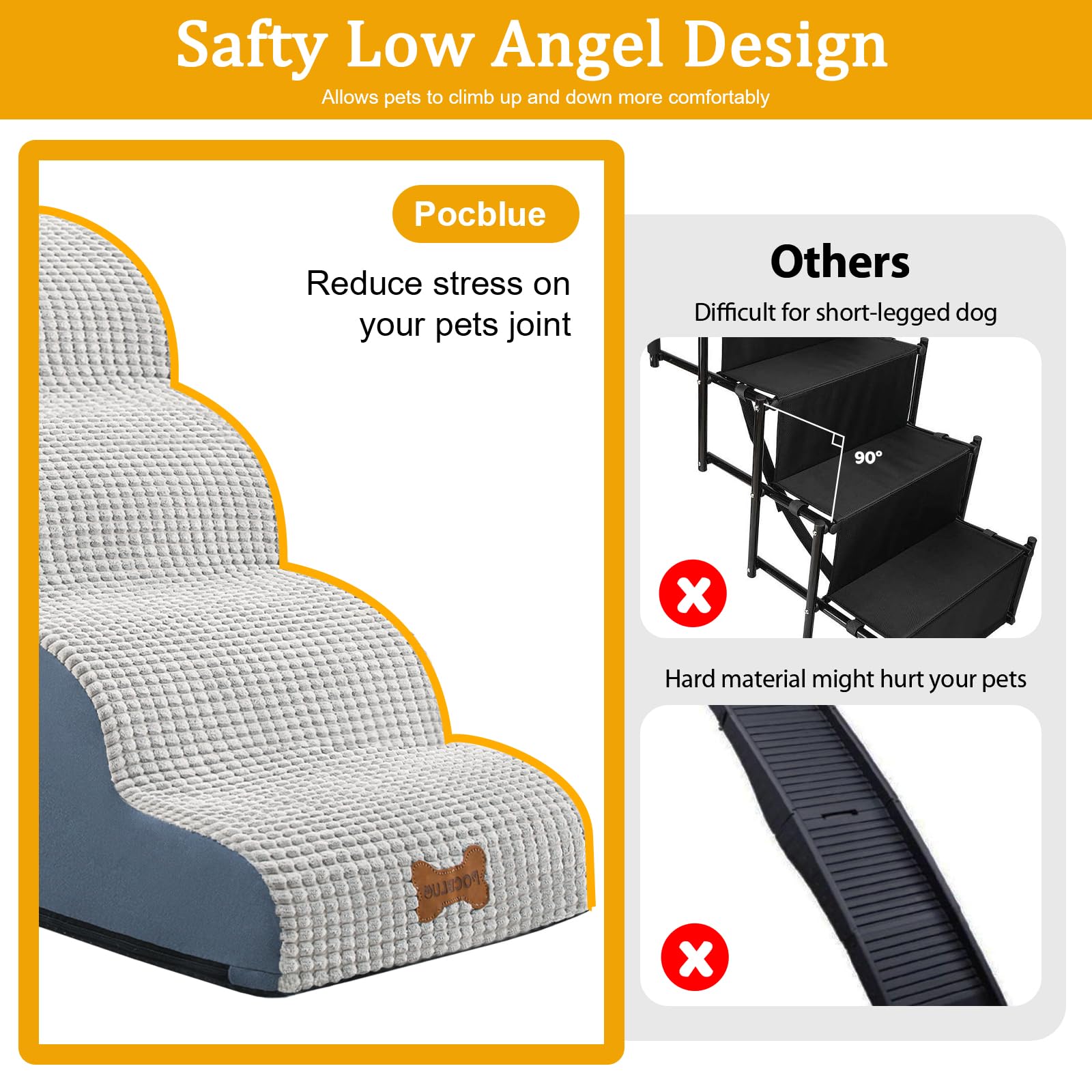 Dog Stairs For Small Dogs, Curved Pet Step With Leakproof Cover, High Density Foam Cat Ramp For Bed Or Sofa, 3 Steps Grey