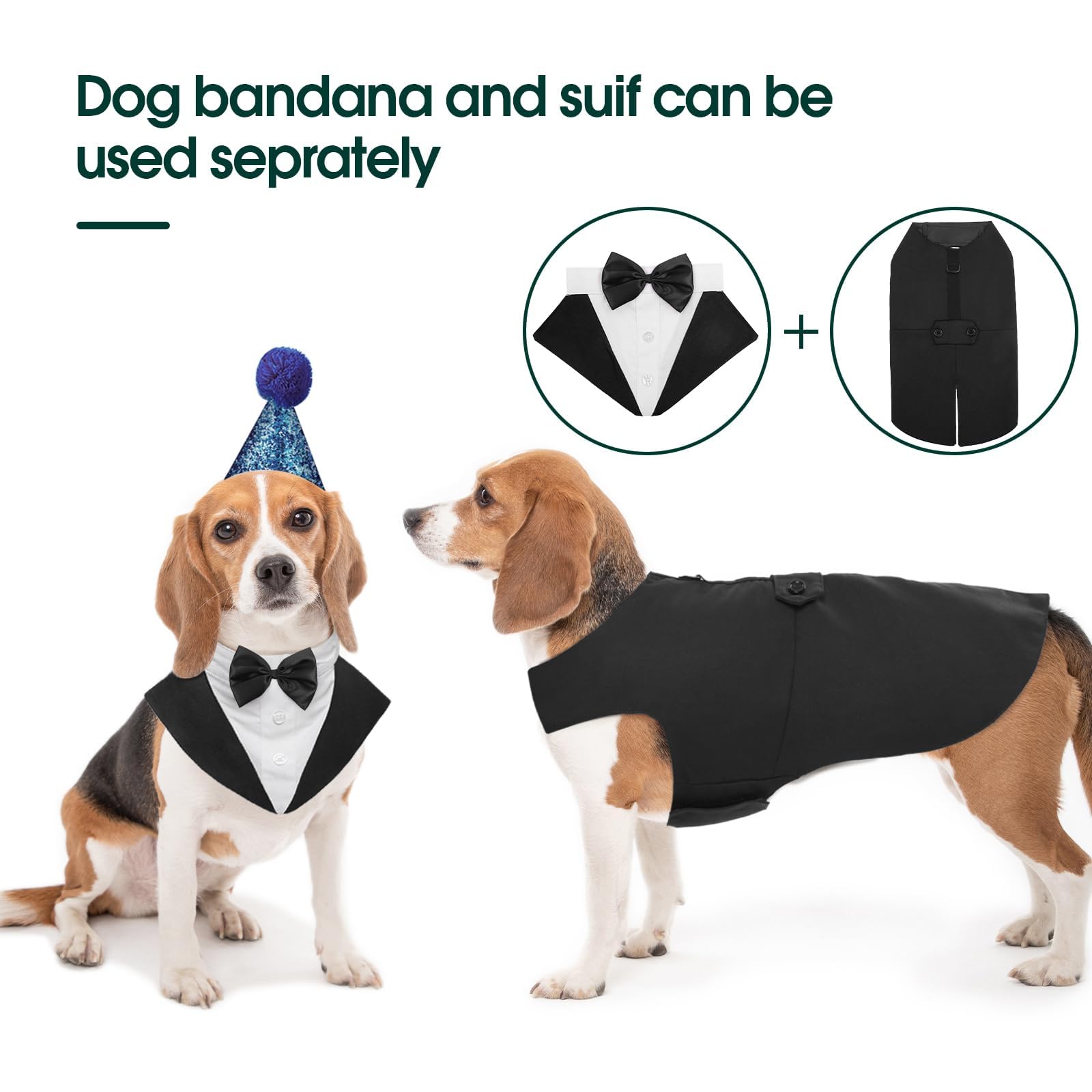 Kuoser Dog Tuxedo Dog Suit And Bandana Set, Dogs Tuxedo Wedding Party Suit, Dog Prince Wedding Bow Tie Shirt Formal Dog Wedding