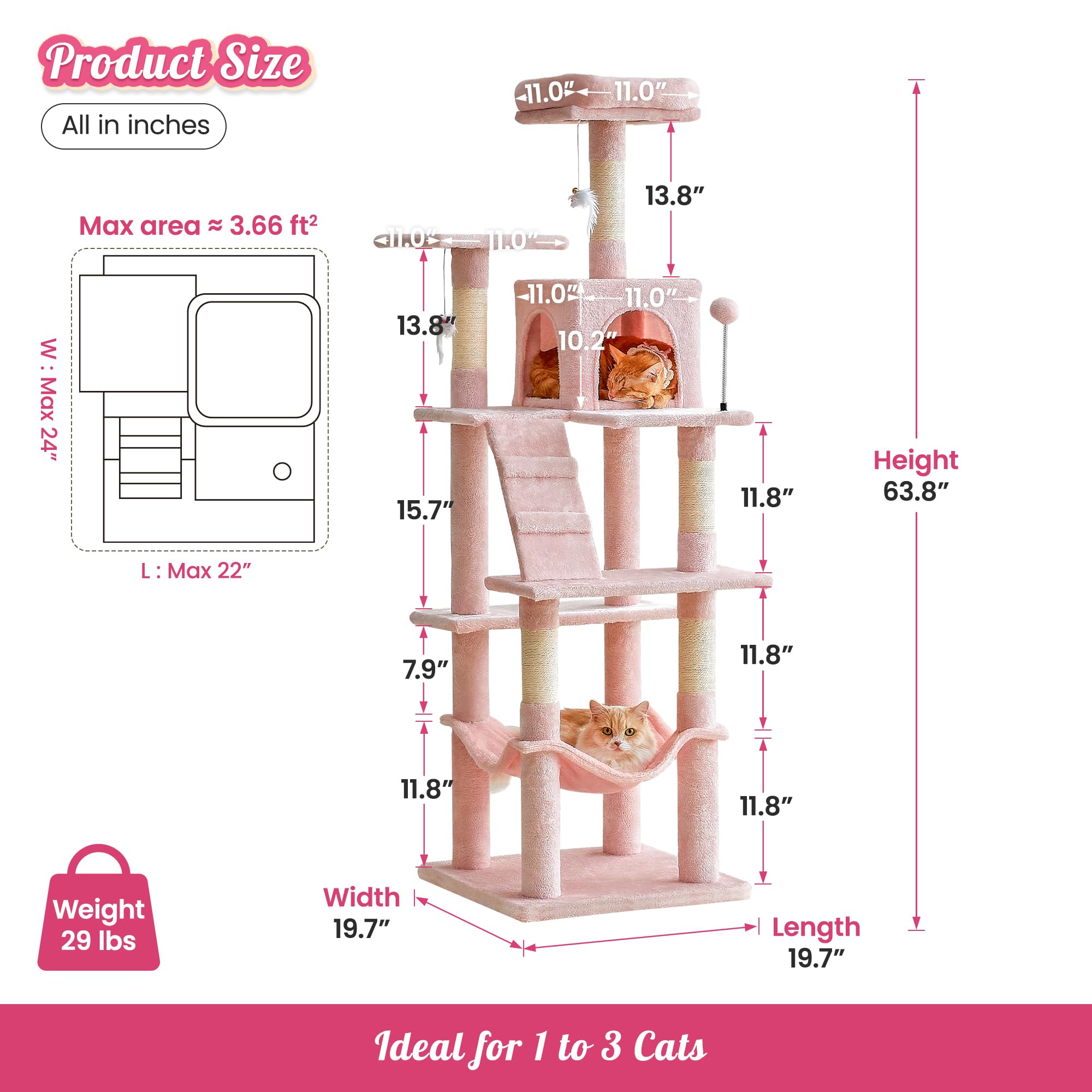Mwpo 63.8-Inch Pink Cat Tree For Indoor Cats, Multi-Level Cat Tower With Sisal-Covered Scratching Posts, Padded Platform, Hammock, Dangling Toys, Stable Cat Condo Pet Play House