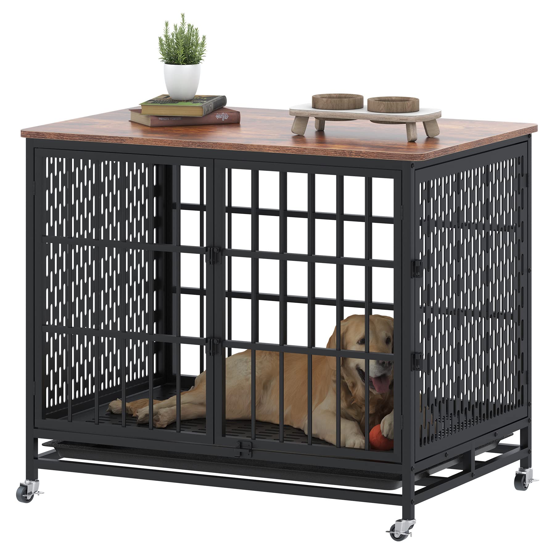 Boinn 42 Inch Extra Large Dog Crate Furniture With Removable Trays, 3 Doors, 4 Wheels & 5 Locks - For Medium And Large Dogs