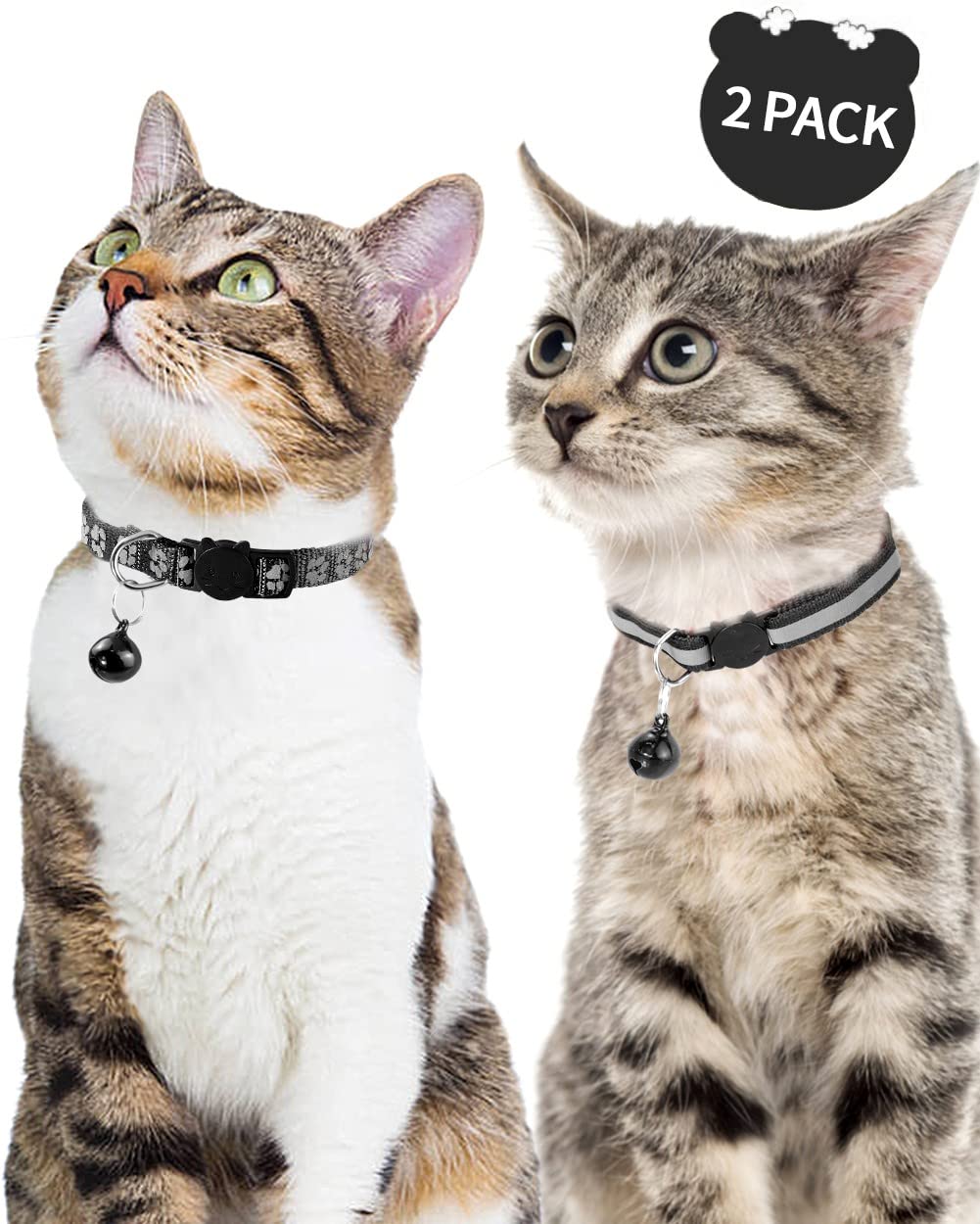 Taglory Reflective Cat Collars Breakaway With Bell, 2-Pack Girl Boy Pet Kitten Collar Adjustable 7.5-12.5 Inch, Black