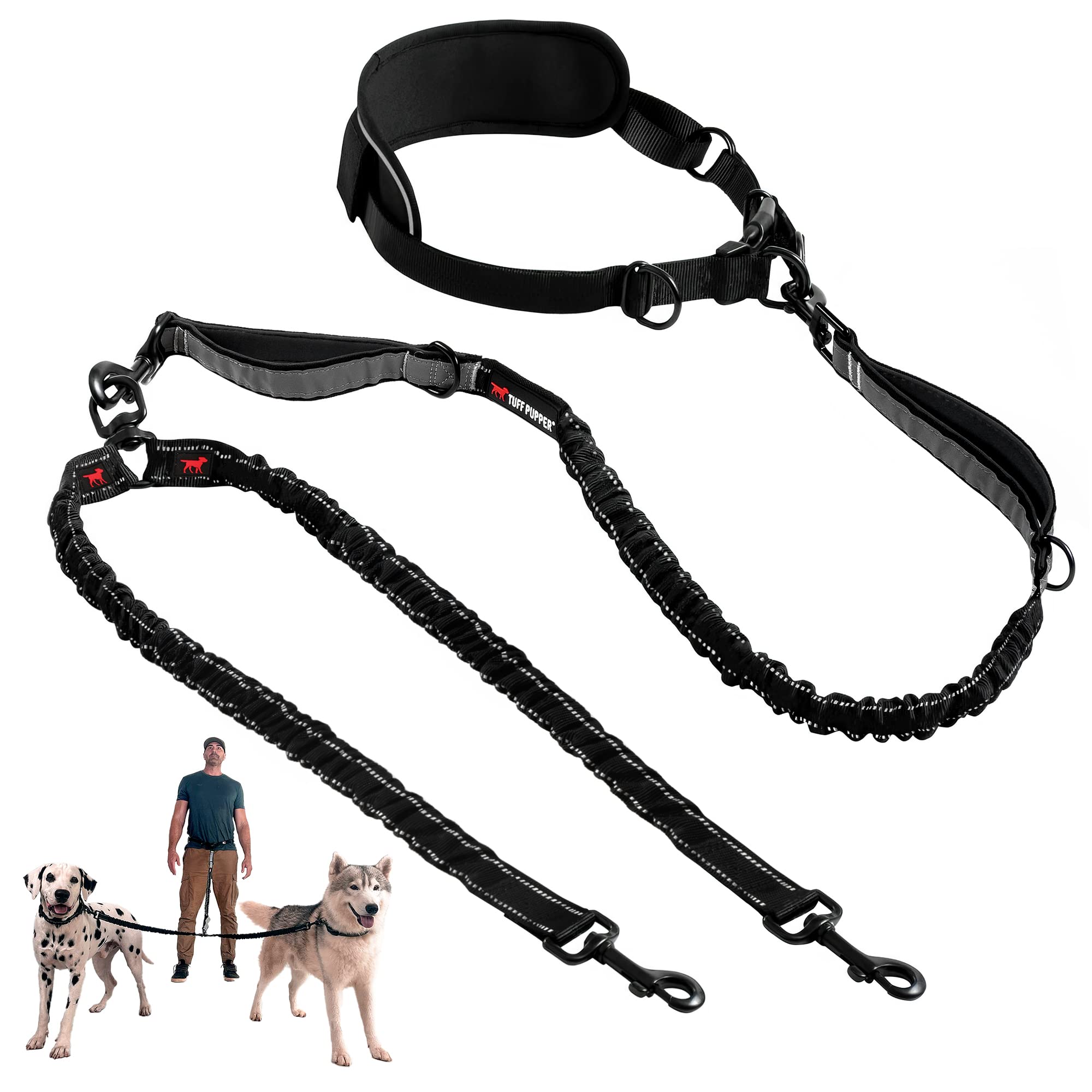 Tuff Pupper Heavy Duty Hands Free Bungee Dog Leash | Two Large Dogs Up To 250 Lbs | Comfortable Shock Absorbing Bungee | Reflect